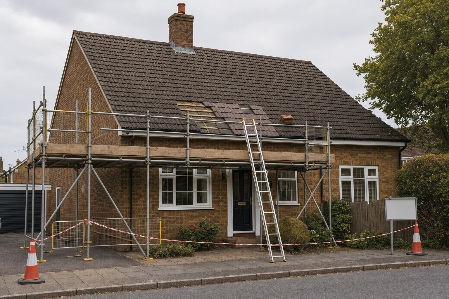 A brick house with scaffolding and a ladder for roof repairs under an overcast sky.