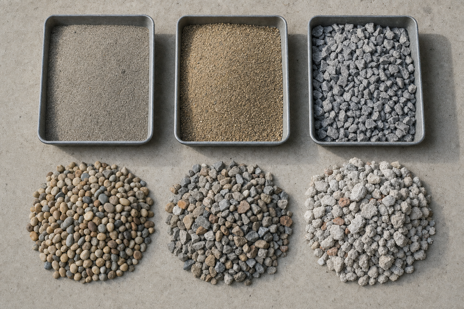 Three trays of varying sand and gravel types above corresponding piles arranged on a concrete surface.