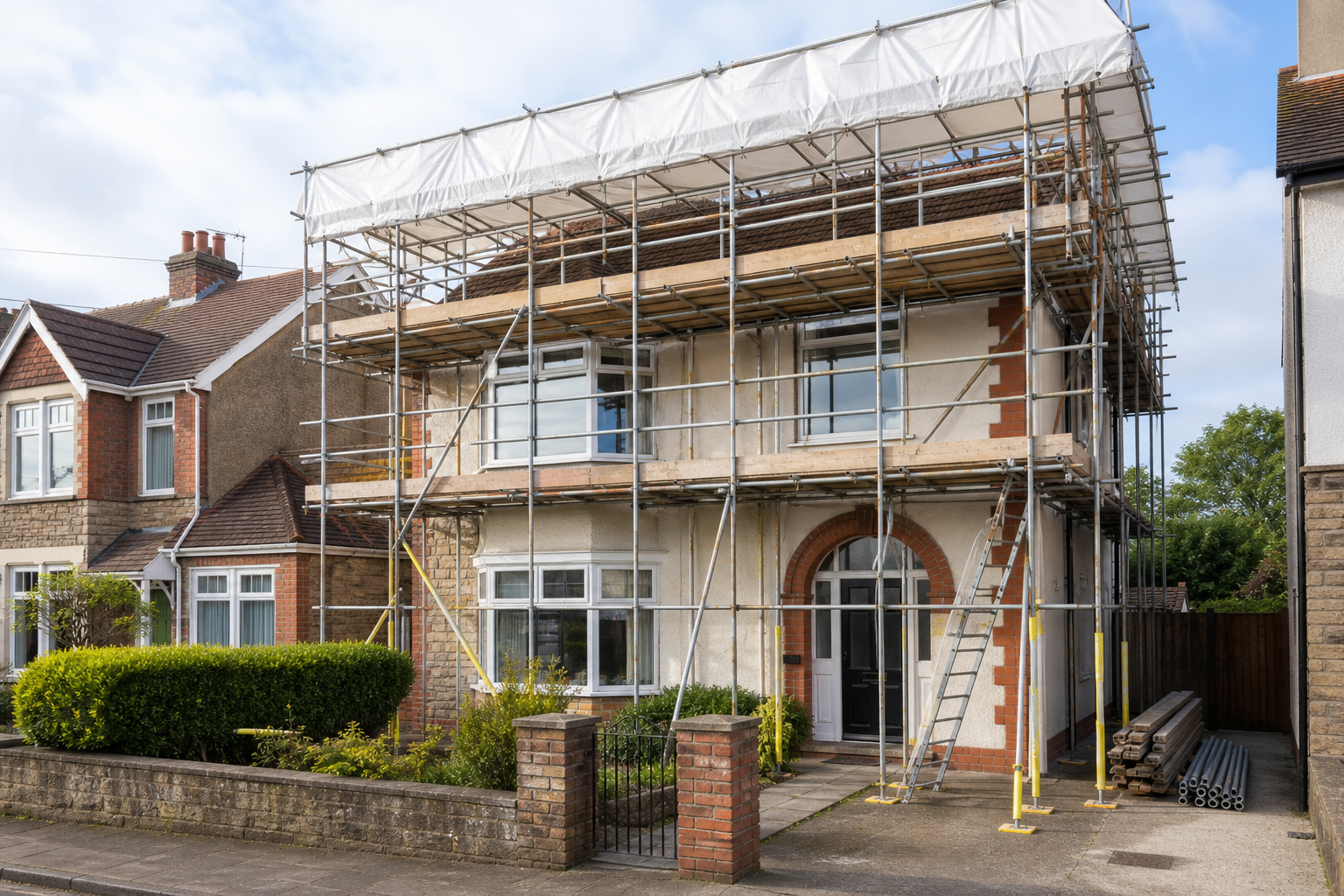 Two-story house with scaffolding for renovation under a cloudy sky.