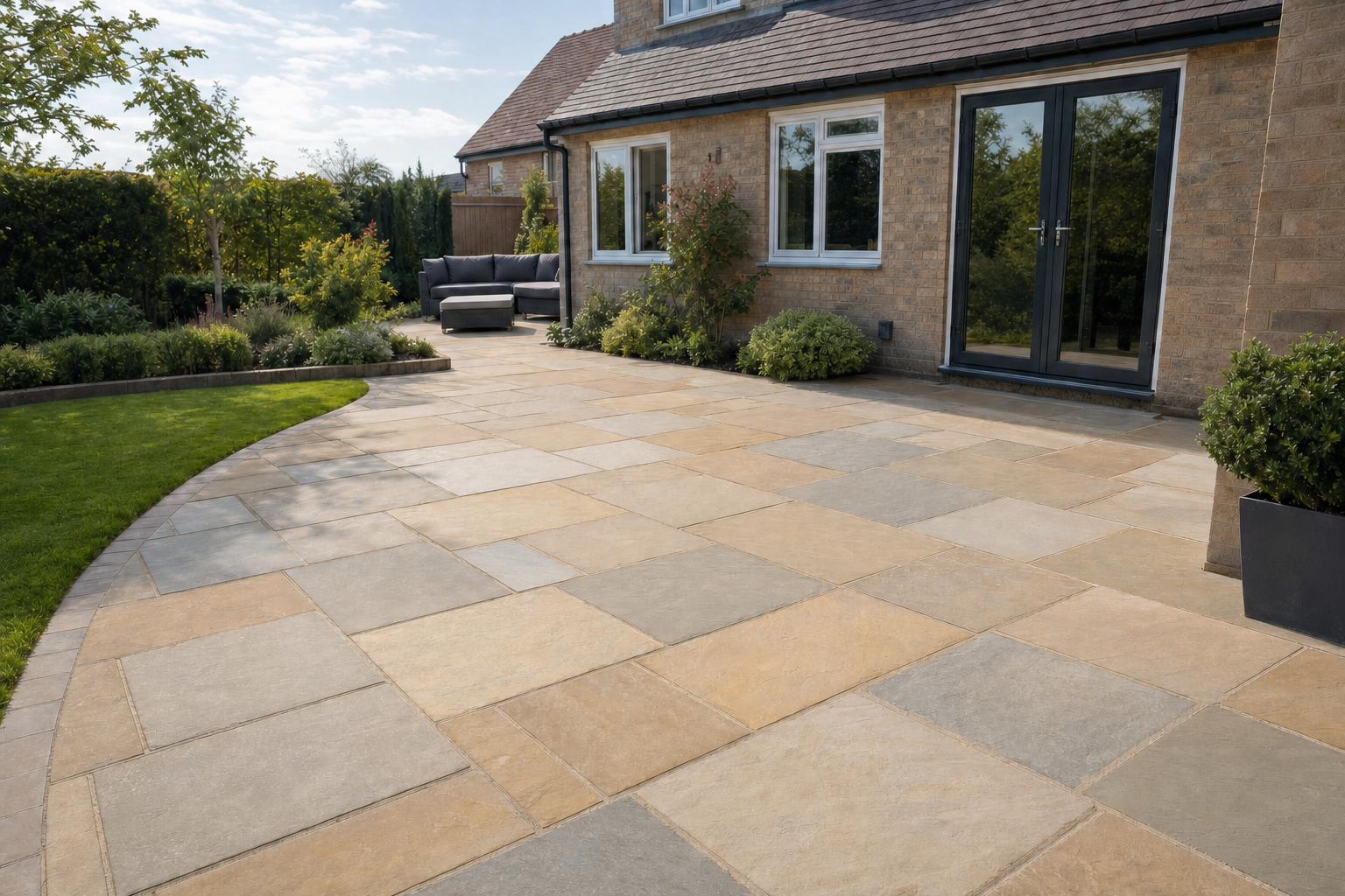 A spacious patio with large stone tiles extends from a brick house with a garden and outdoor seating area.
