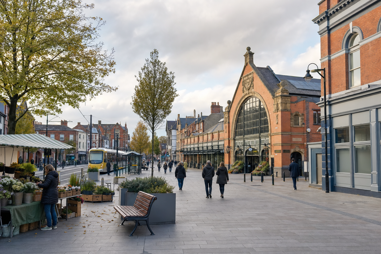 A street scene in a historic town with an outdoor market, tram, trees, and pedestrians near a large arched building.