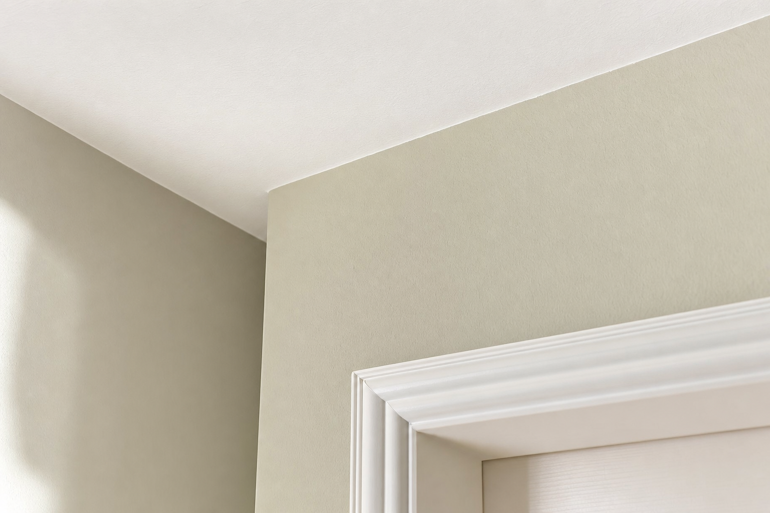 Beige wall corner with a white ceiling and moulding around a doorway.