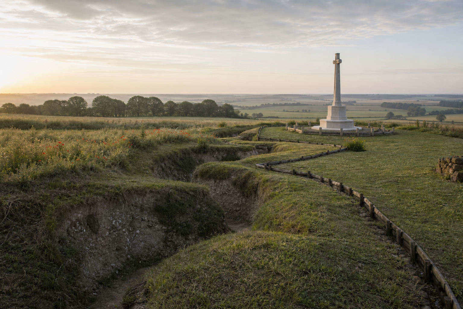 World War I trench site with a memorial cross at sunrise, overlooking fields and distant trees.