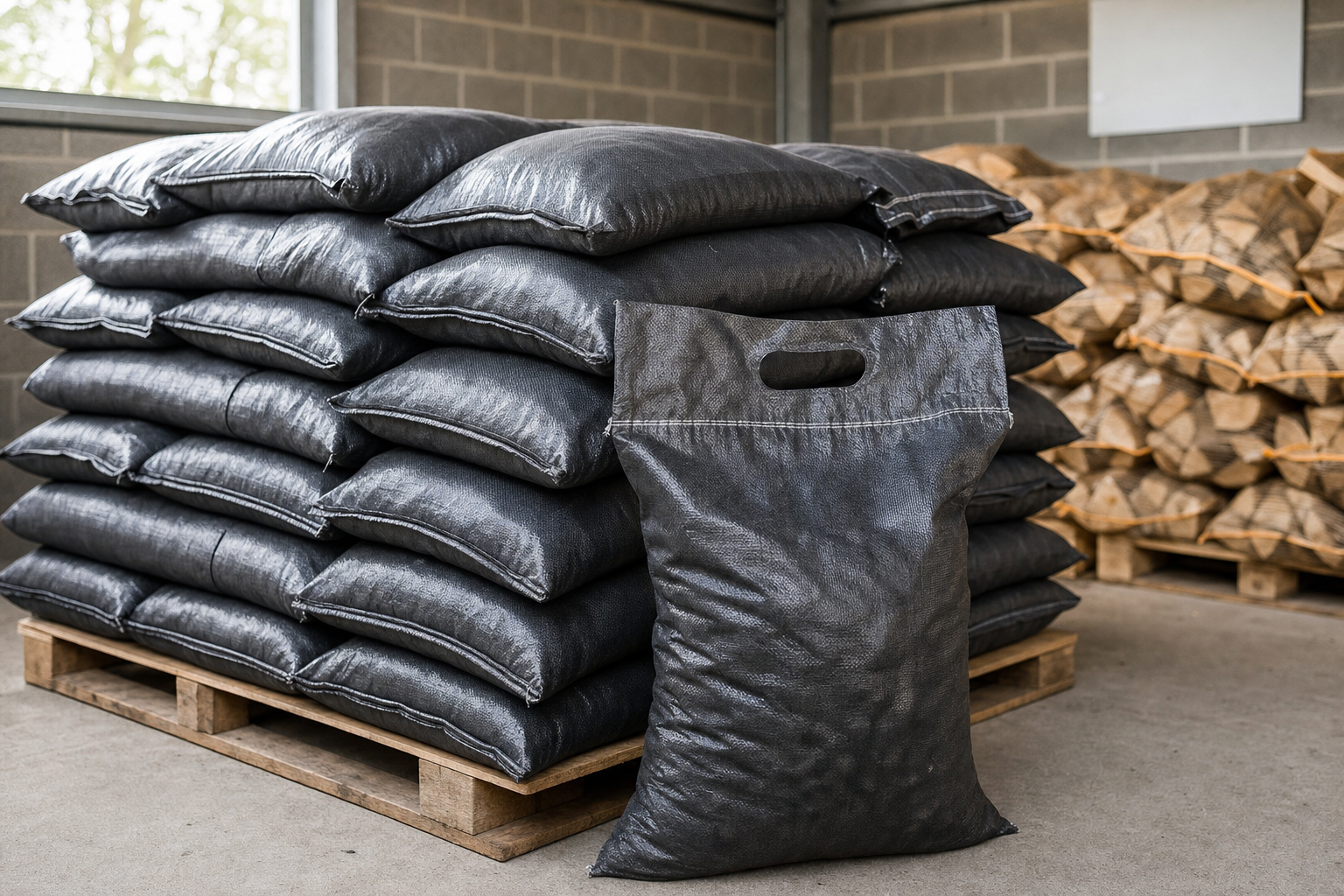Stack of grey woven bags on a wooden pallet in a storage area with bags of logs in the background.