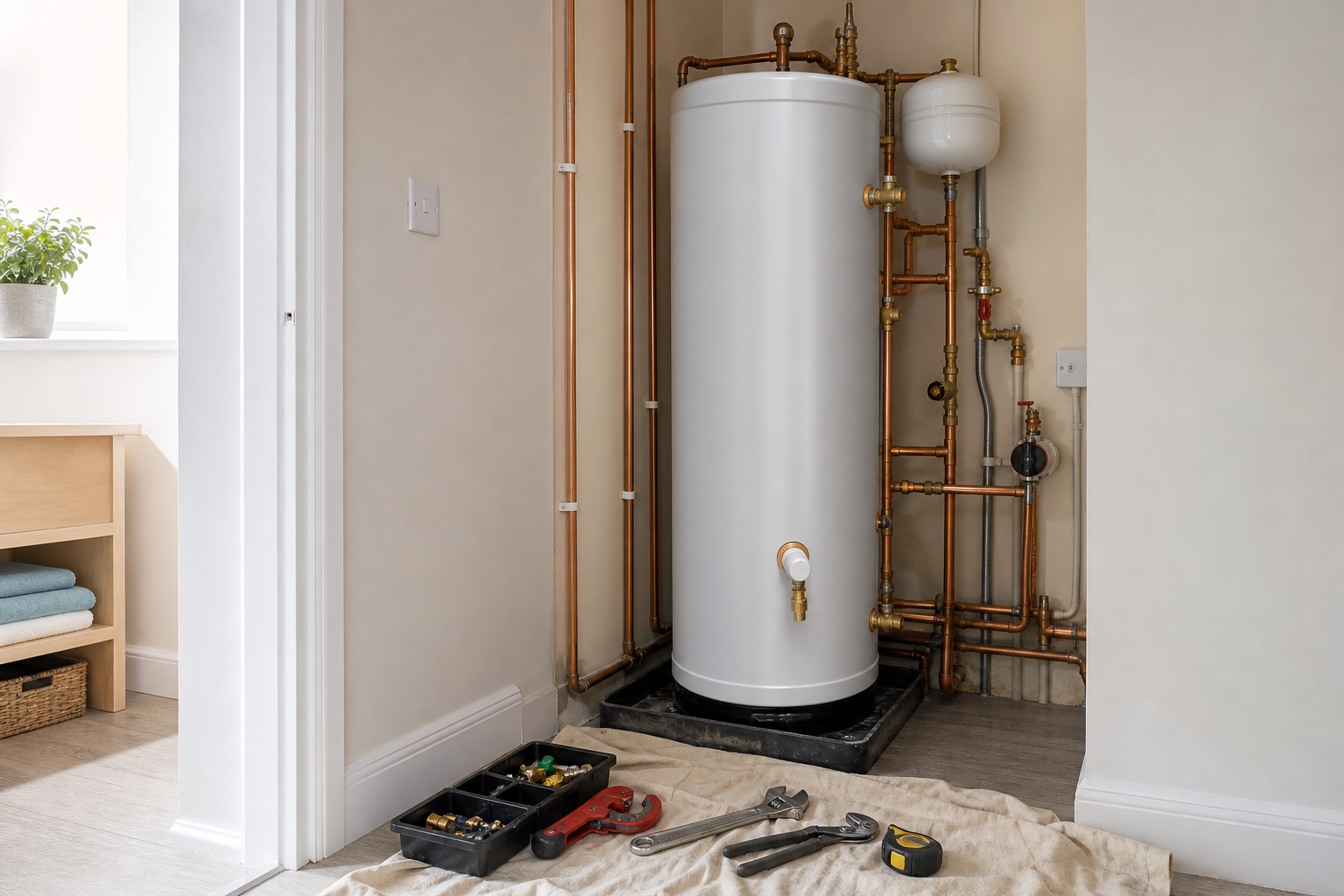 A water heater with copper pipes and plumbing tools on the floor.