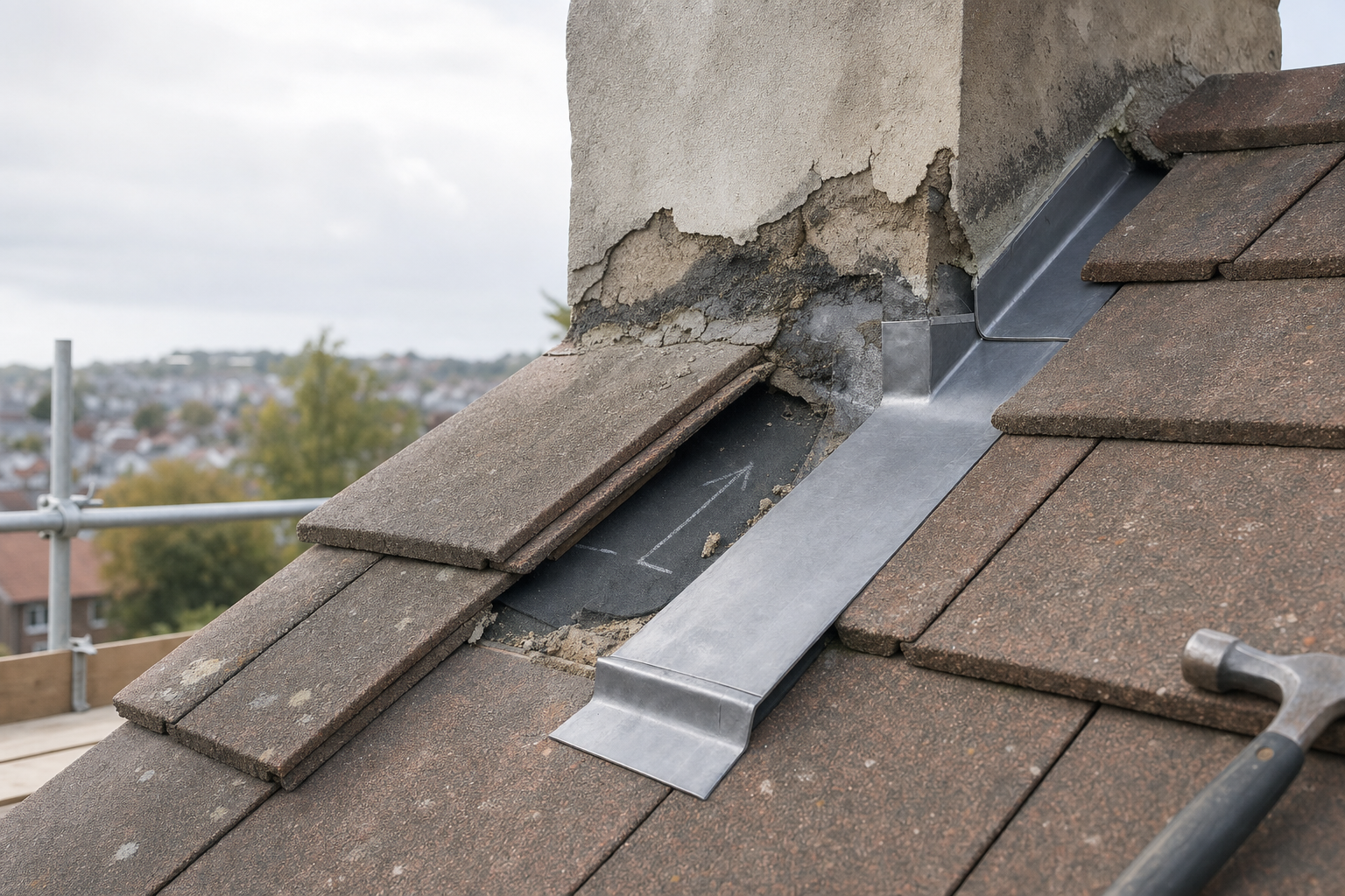Chimney with deteriorating render and roof tiles, showcasing new lead flashing installation for weatherproofing.