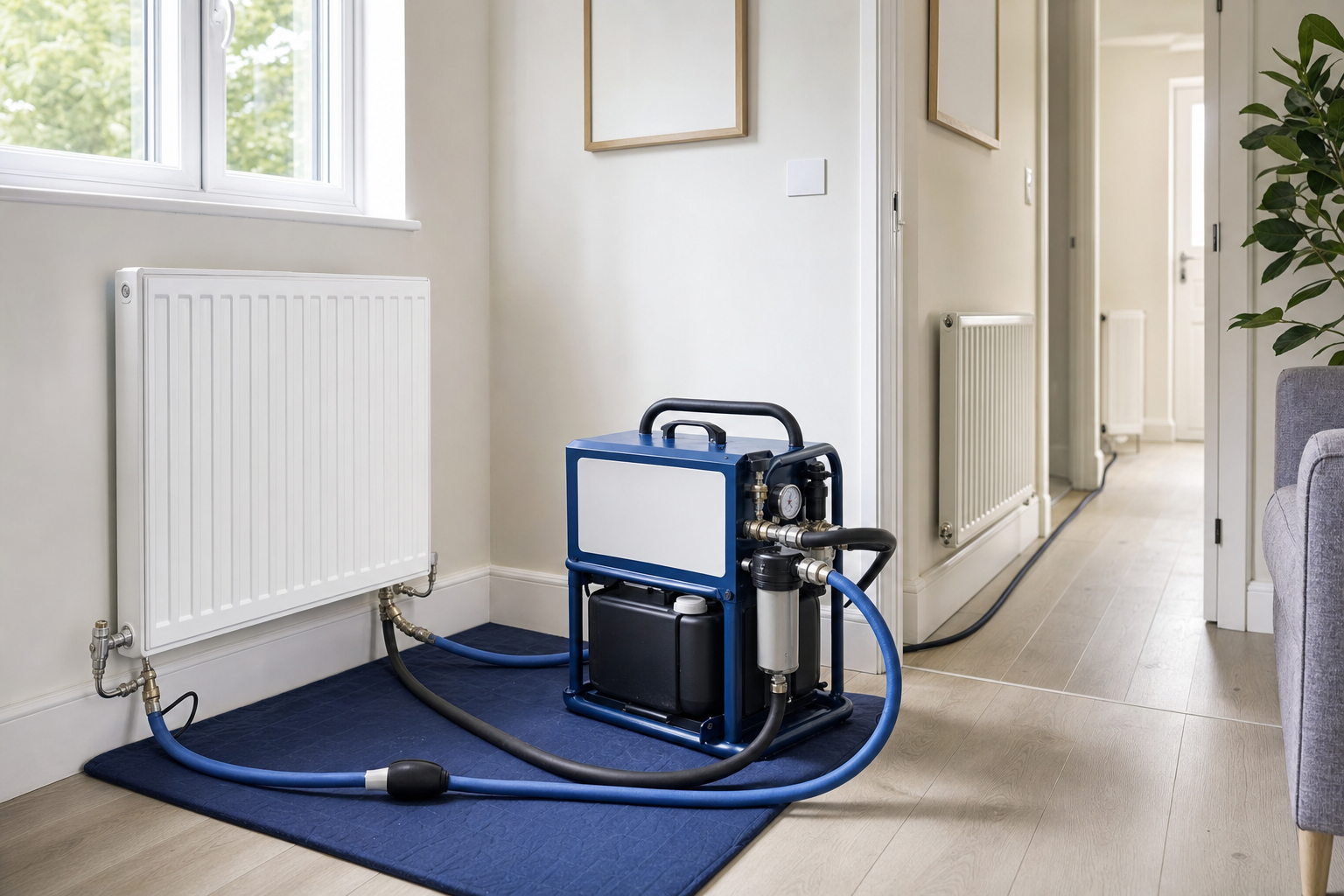 A radiator power flushing machine with blue hoses connected, set on a mat in a bright hallway.