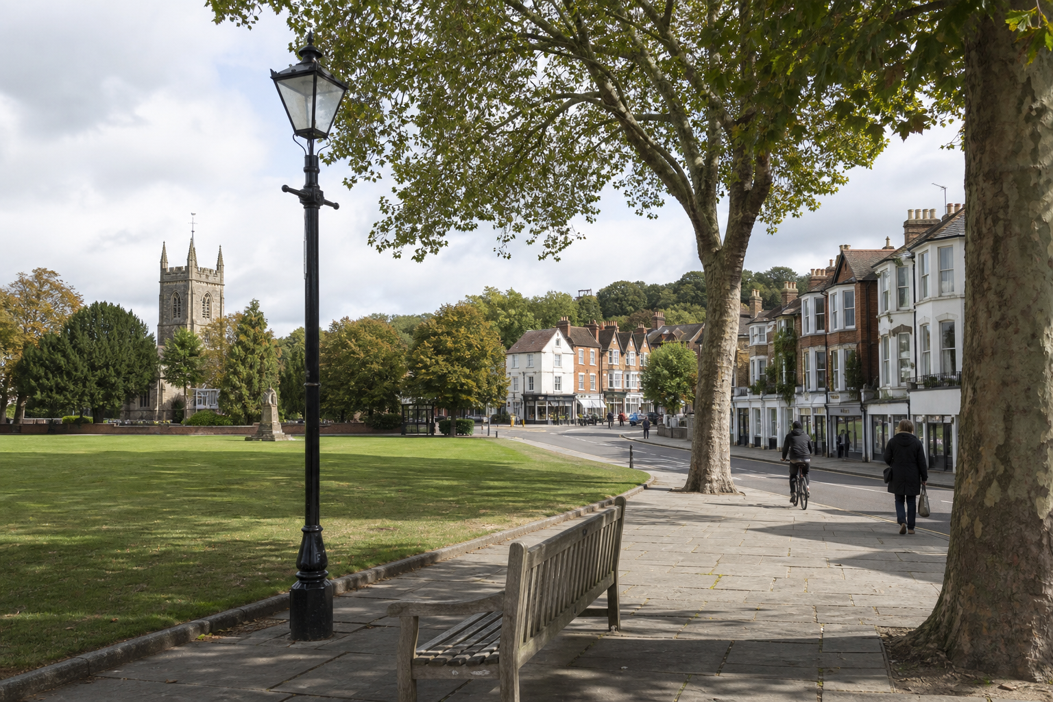 A quaint street with a bench, lamppost, and a church tower, framed by trees, with pedestrians and cyclists passing by.