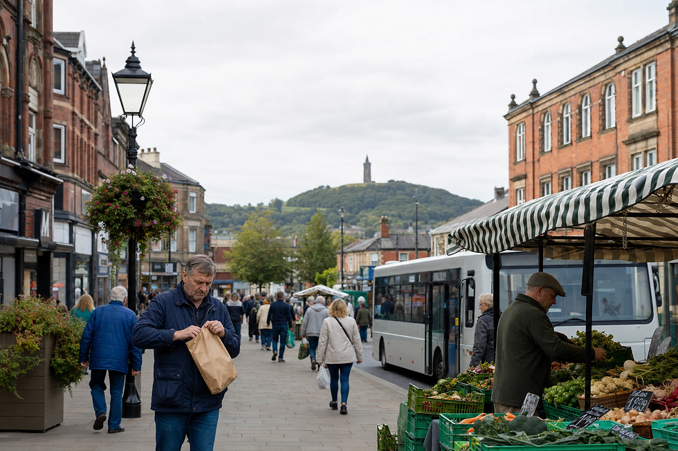 A bustling street market with people shopping for fresh produce, set against a backdrop of a hilltop monument.