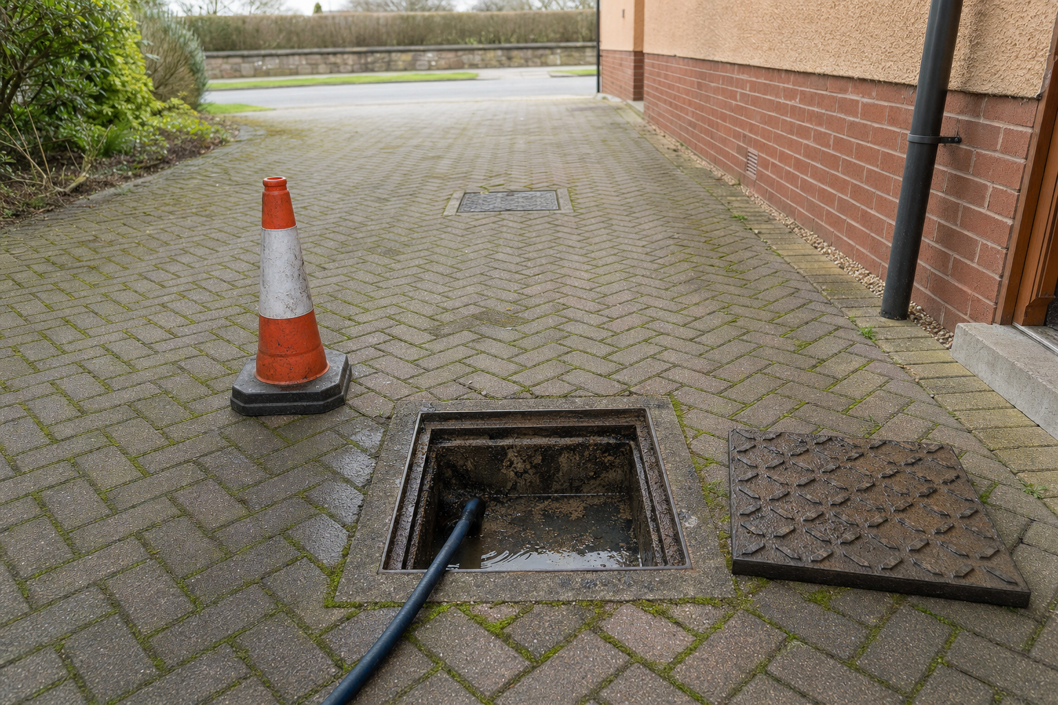 A traffic cone marks an open manhole on a paved driveway with a hose inside.