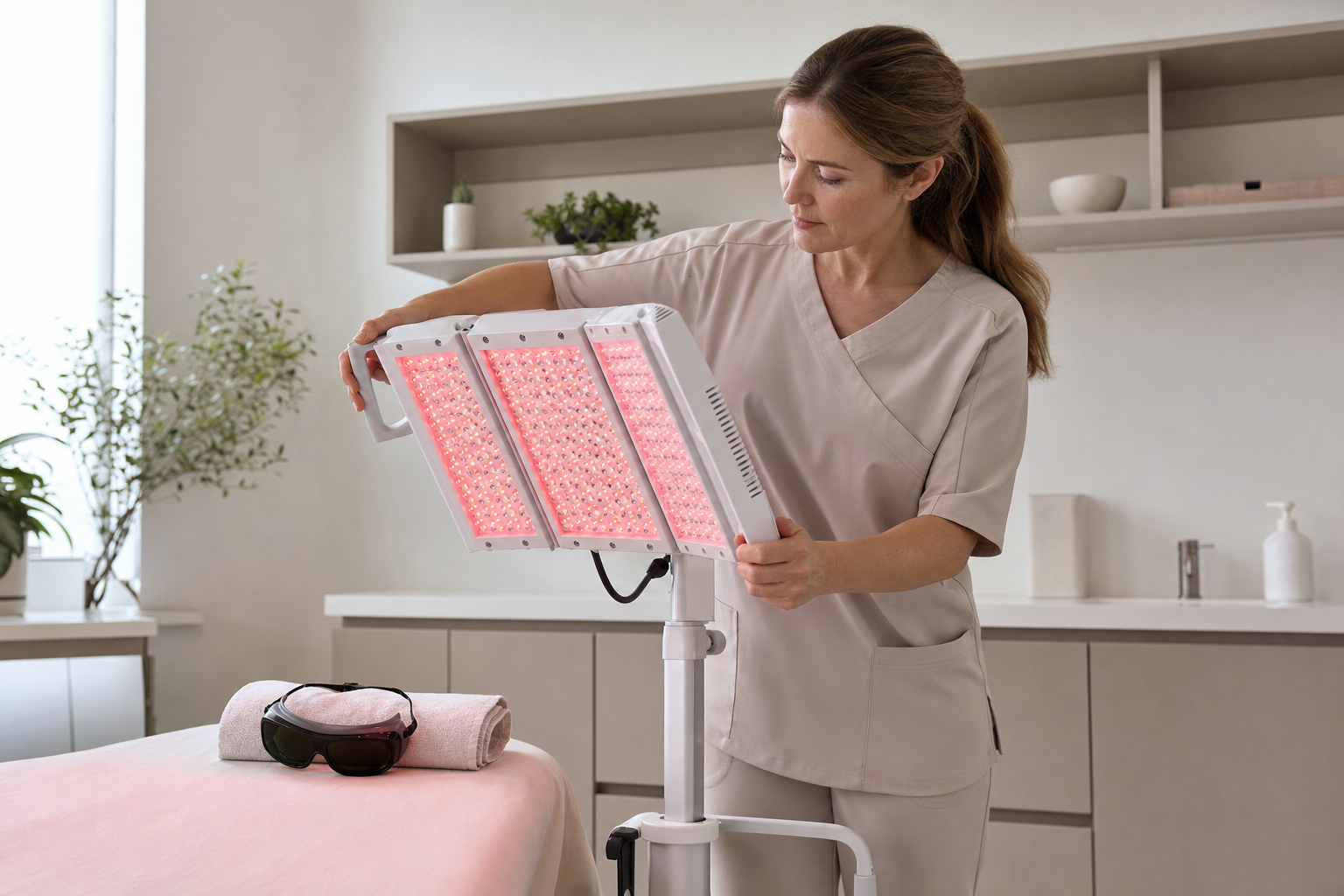 Woman adjusting a red light therapy device in a modern spa treatment room.