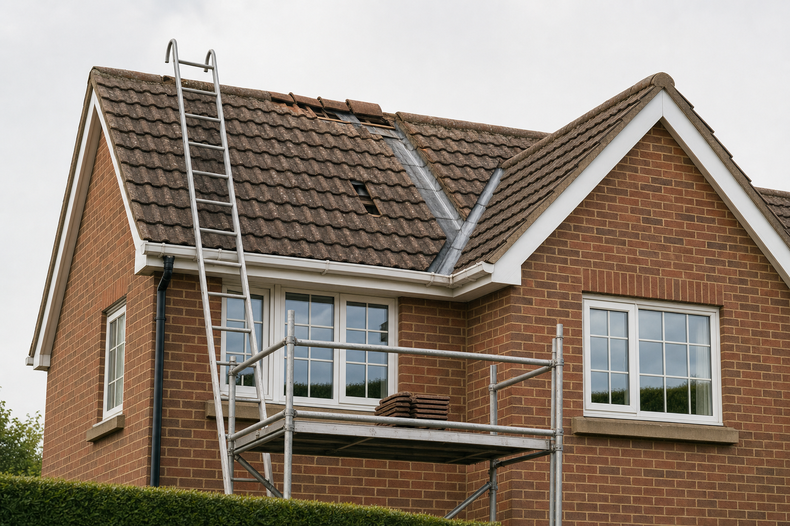 House roof under repair with missing tiles, a ladder leaning on the side, and scaffolding in place.