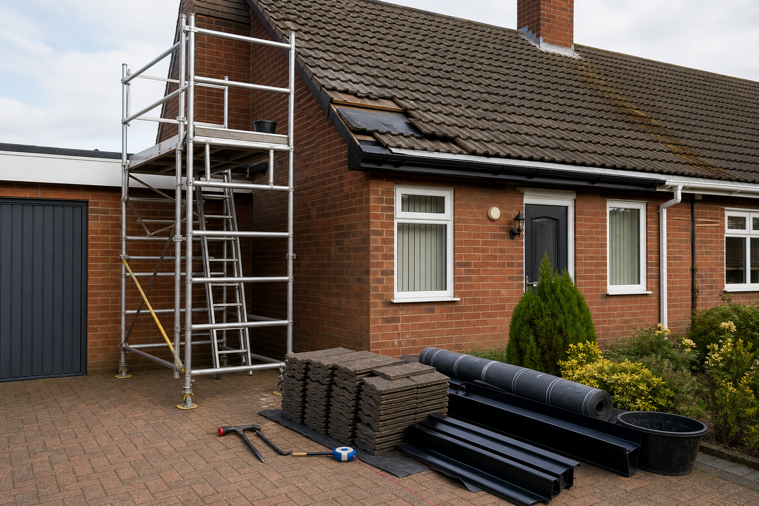 House under roof repair with scaffolding and construction materials in the driveway.