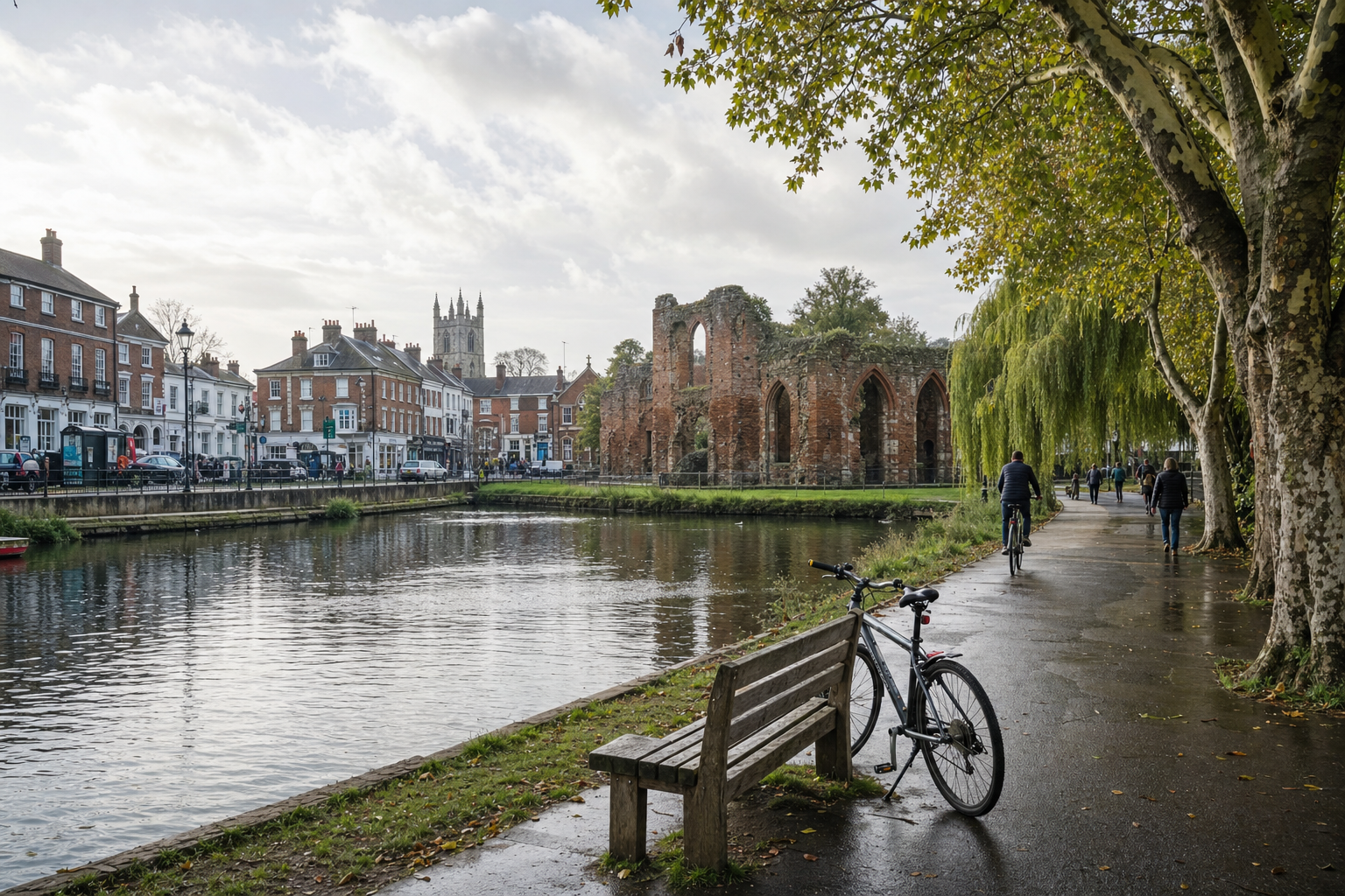 People walking and cycling along a riverside path next to historic ruins and a bench with a bicycle.