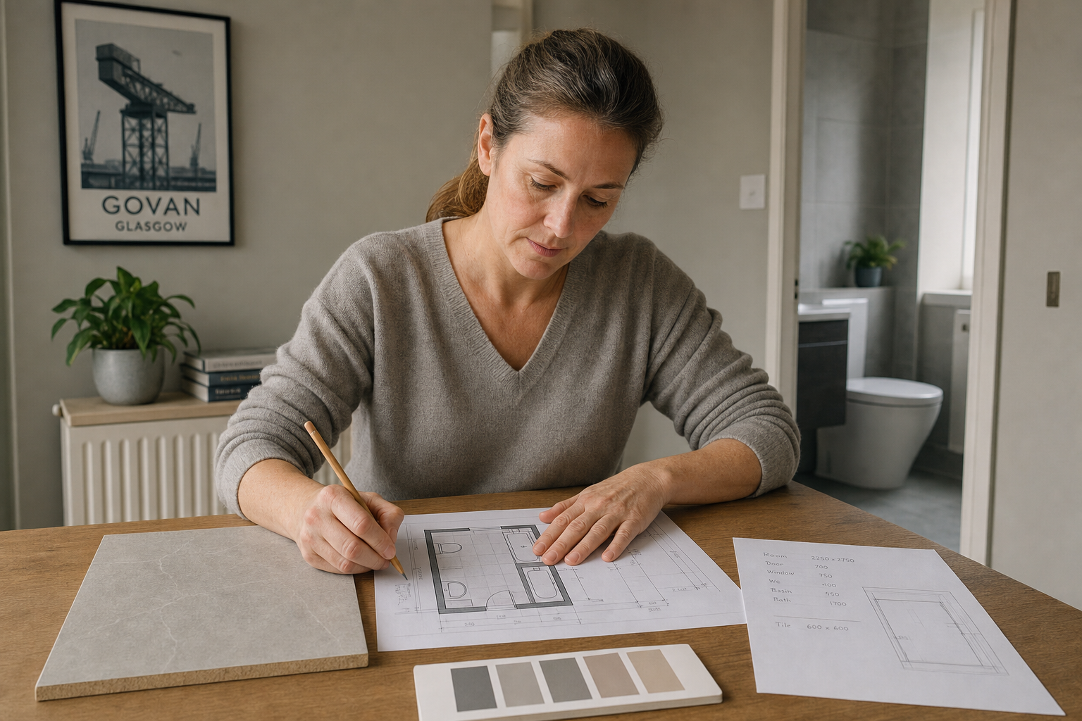 Woman designing a bathroom layout at a table with samples and blueprints in a modern, light-filled room.