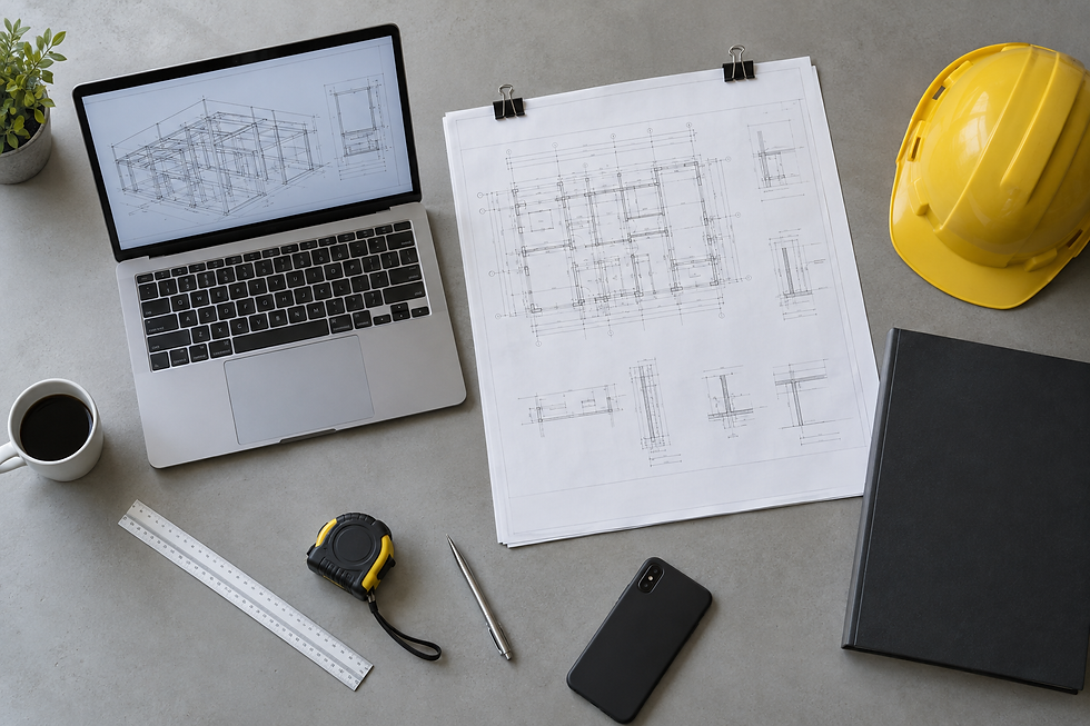 Open laptop displaying architectural design next to blueprints, tape measure, helmet, and coffee on a grey desk.