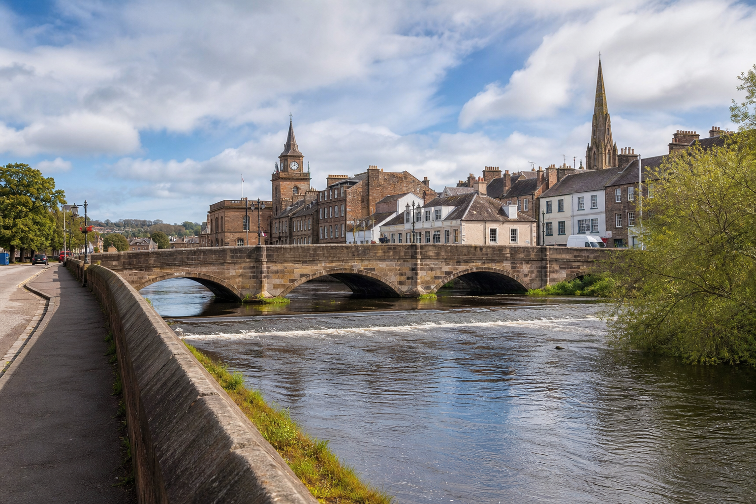 A serene riverside town with a stone bridge and historic buildings under a blue sky.