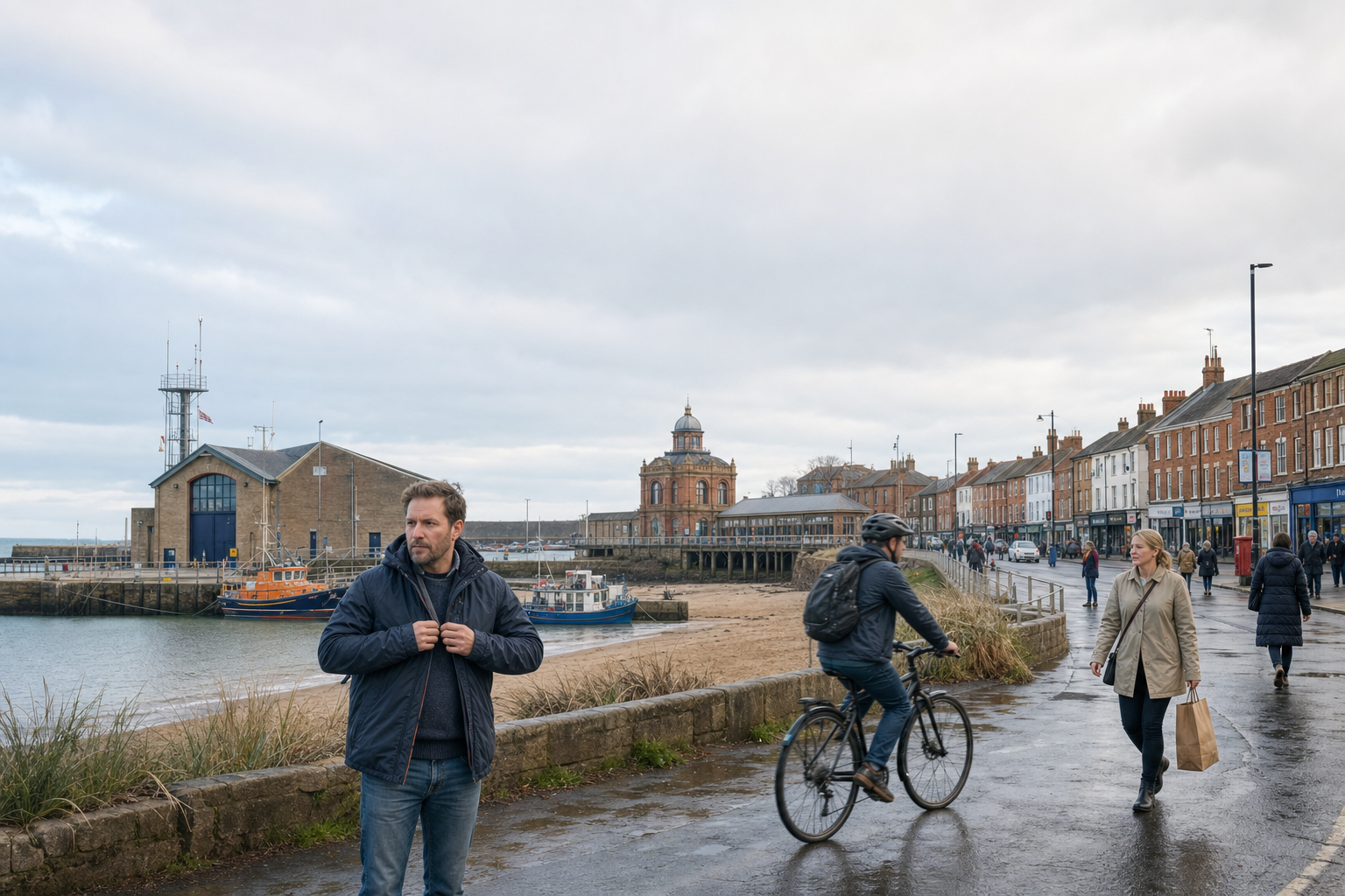 Coastal town scene with a man in the foreground, a cyclist, and people walking along the promenade.
