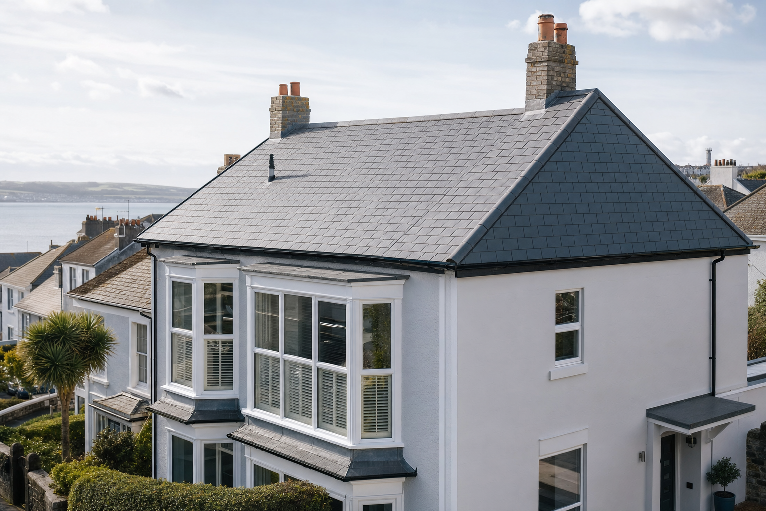 A two-storey white house with a slate roof overlooks the sea, surrounded by similar homes and palm trees.