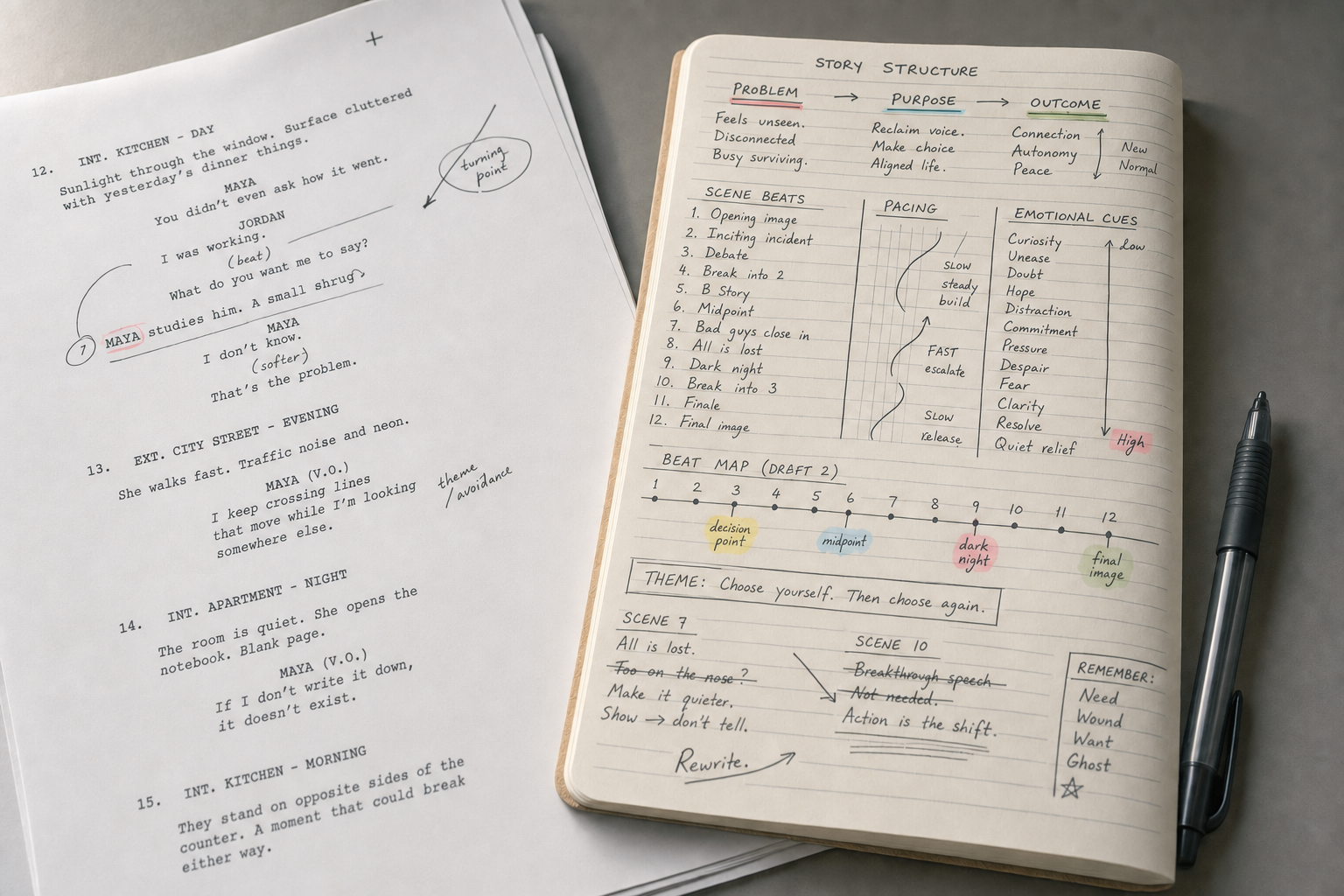 Open script pages and a notebook featuring a detailed story structure with notes and diagrams.