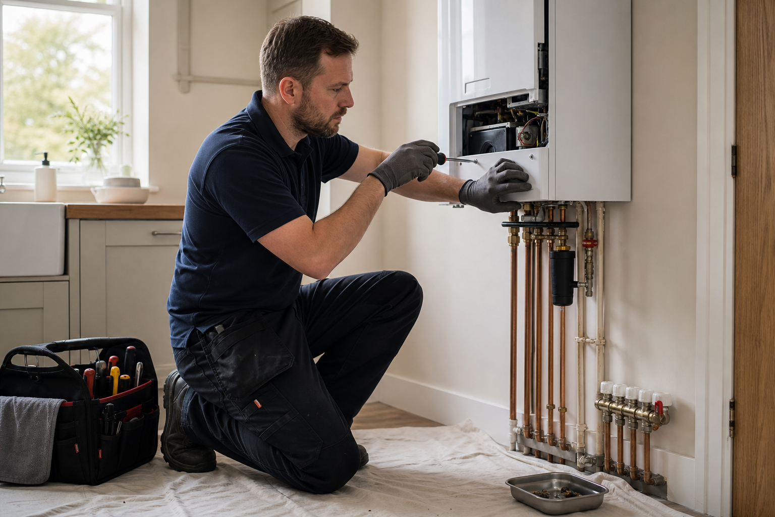 Technician kneeling while fixing a wall-mounted boiler with a toolbox nearby.