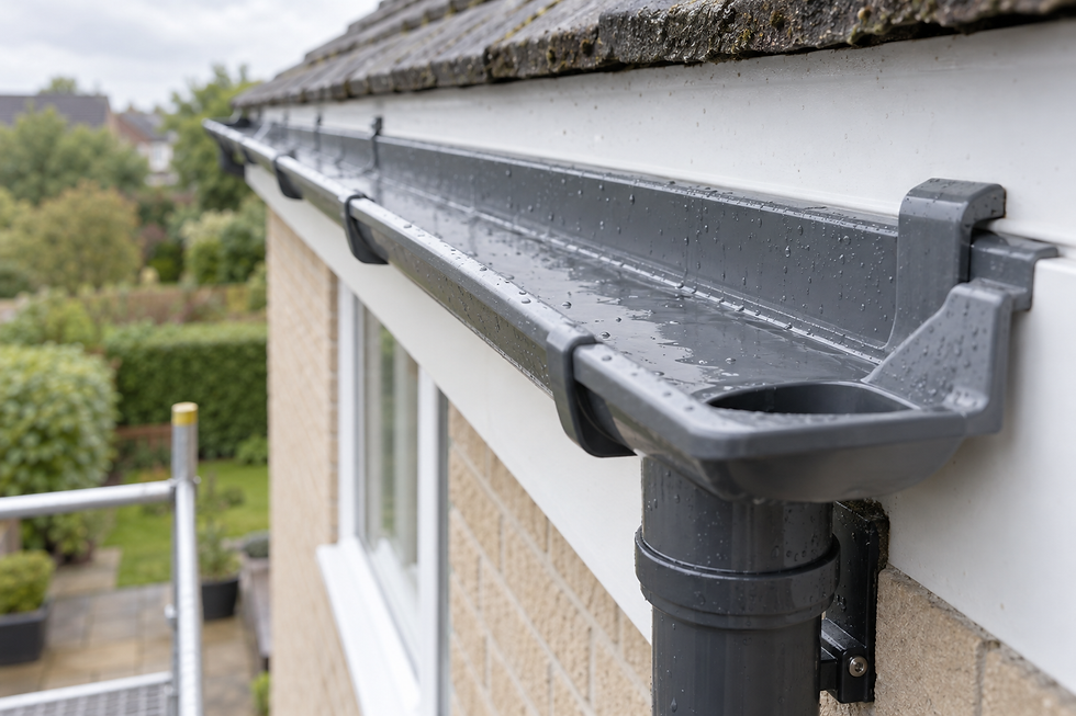 Grey rainwater guttering system on a house with water droplets visible after rain.