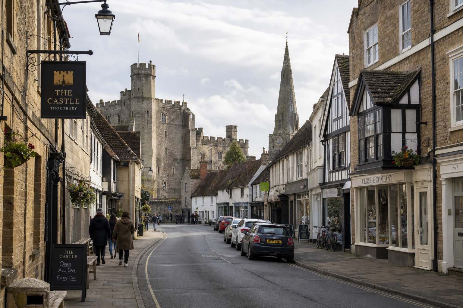 Streetscape featuring historic buildings with a distant view of a medieval castle and church spire in a quaint English town.