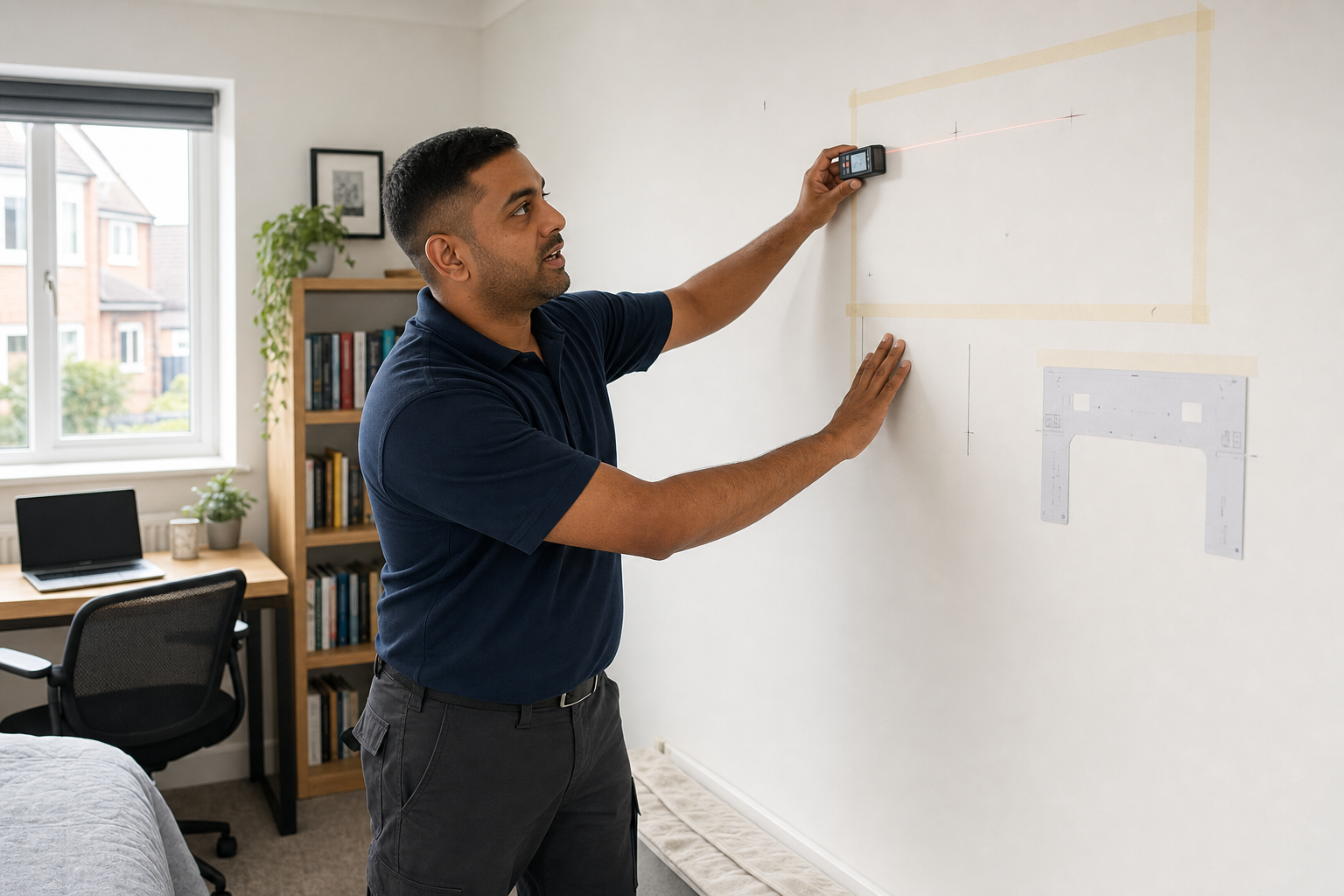 A person uses a laser distance measurer to align a TV bracket on a wall in a home office.