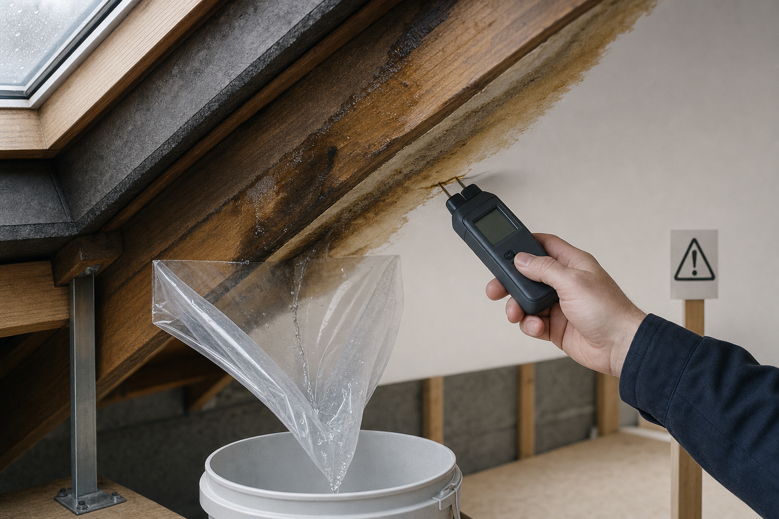 Hand holding a moisture meter next to a leaking roof with a plastic sheet directing water into a bucket.