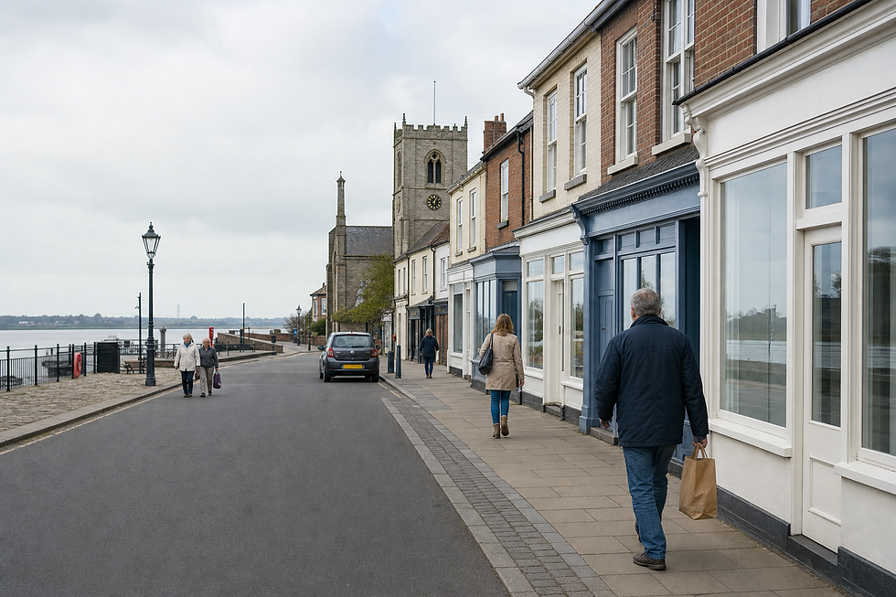People walking along a quiet street by the river, lined with shops and a church in the background.