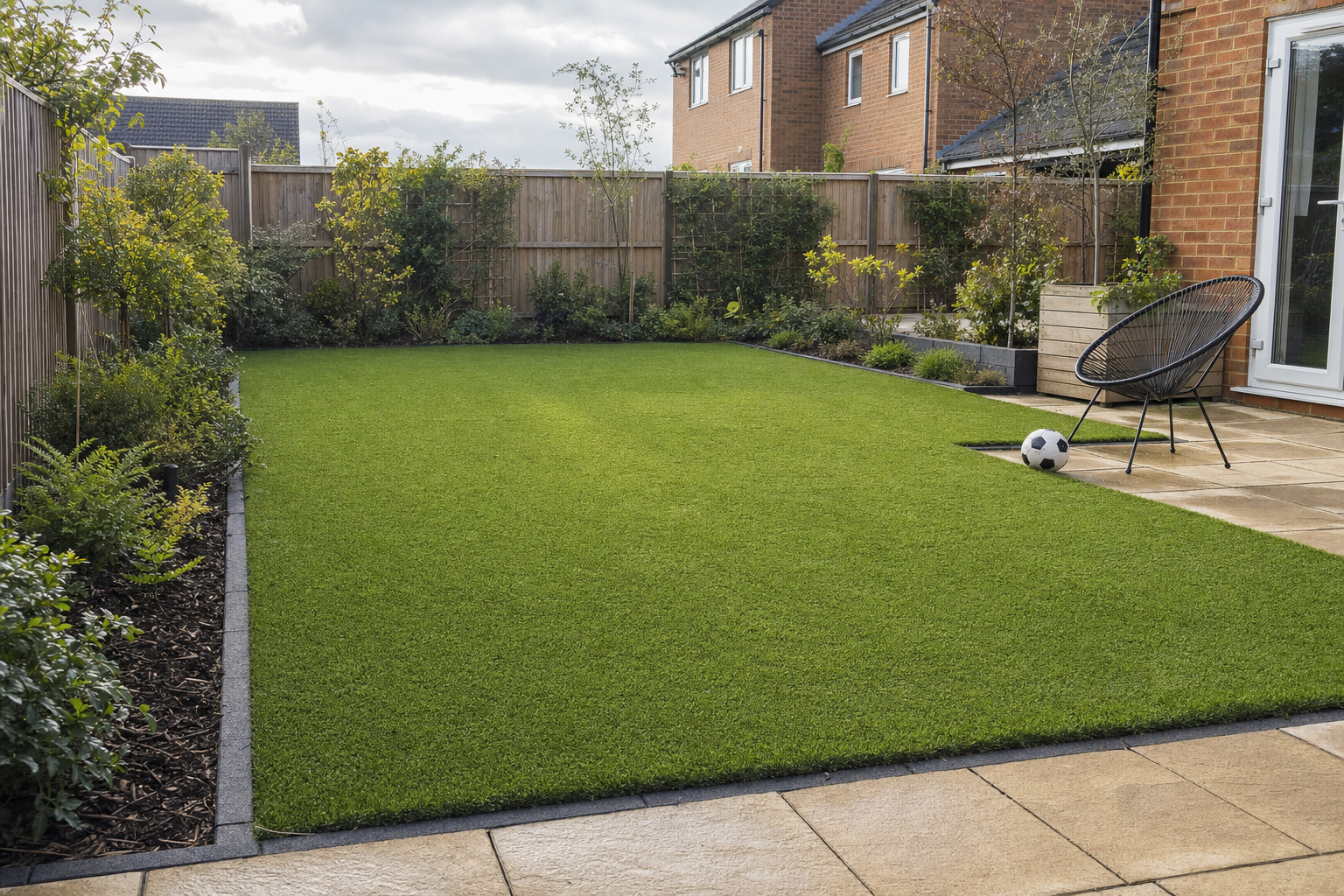 A neatly maintained garden with artificial grass, bordered by a wooden fence, featuring a chair and a football.