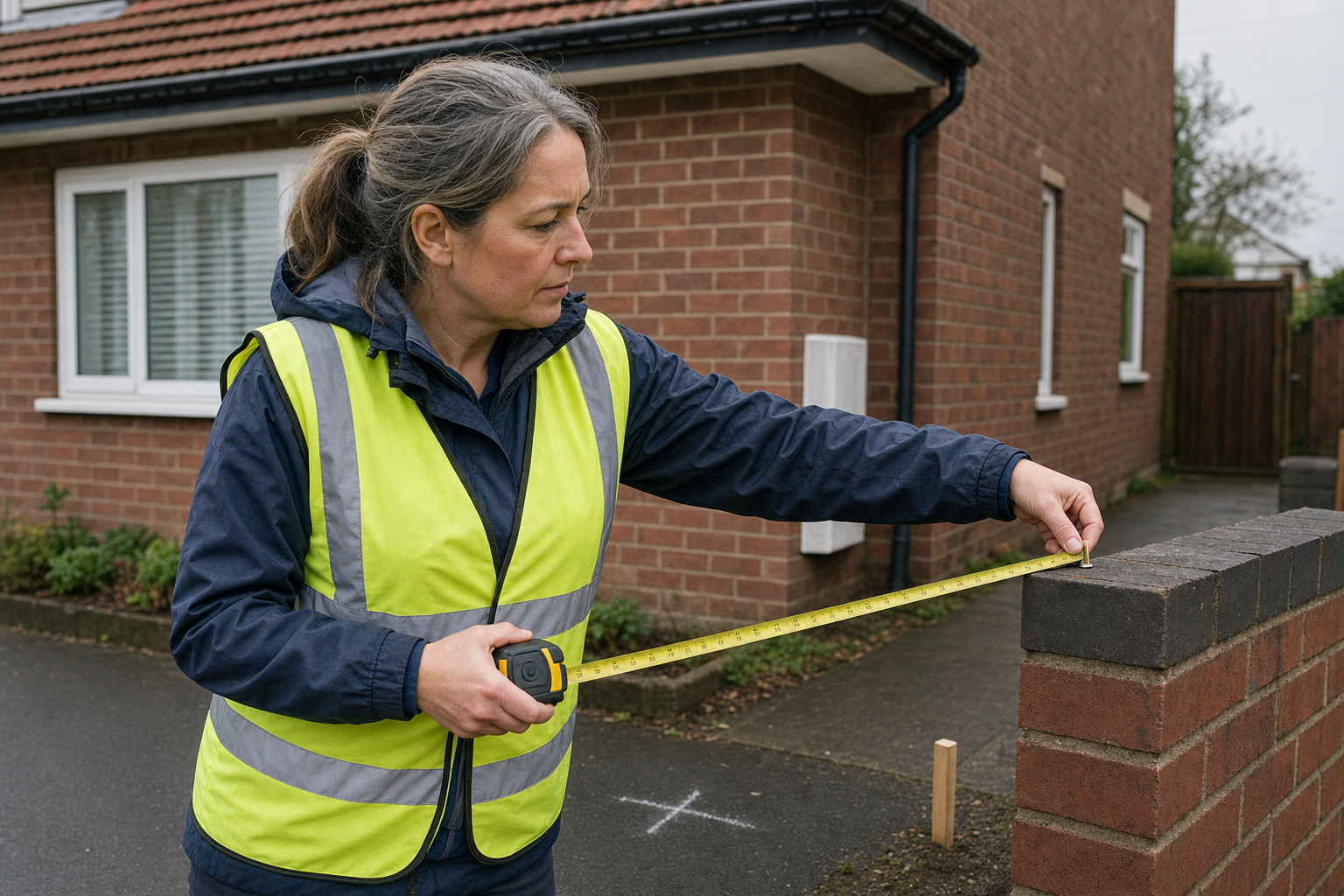 A woman in a high-vis vest measures a brick wall with a tape measure outside a house.