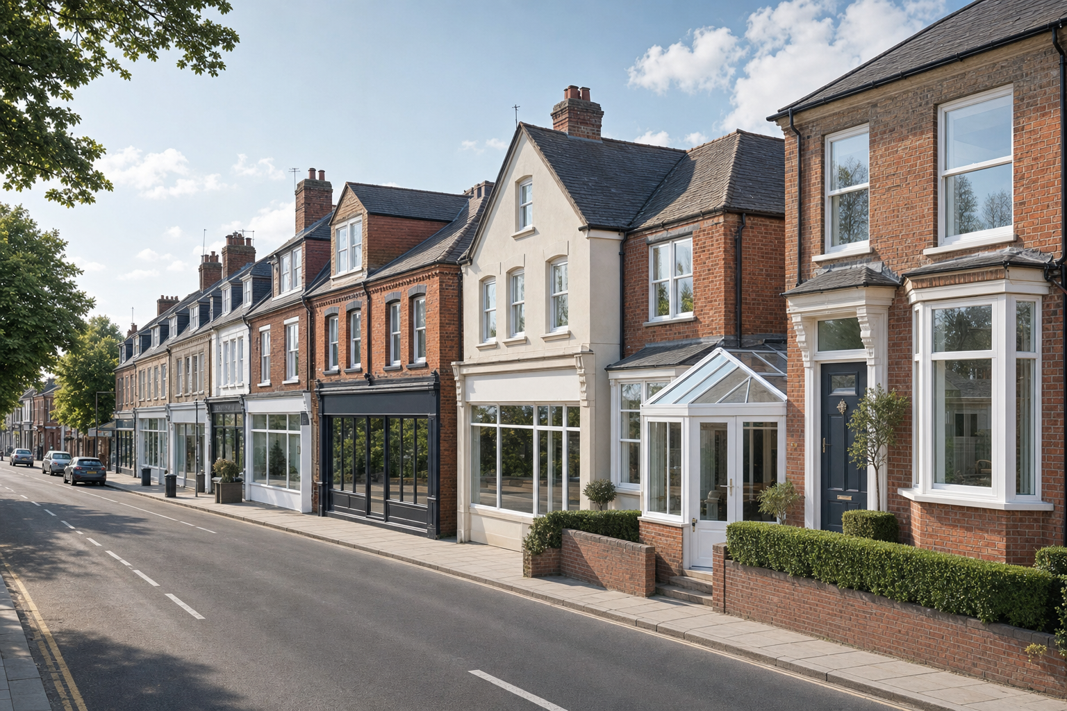 A row of traditional British terraced houses with large windows and brick exteriors on a sunny day.