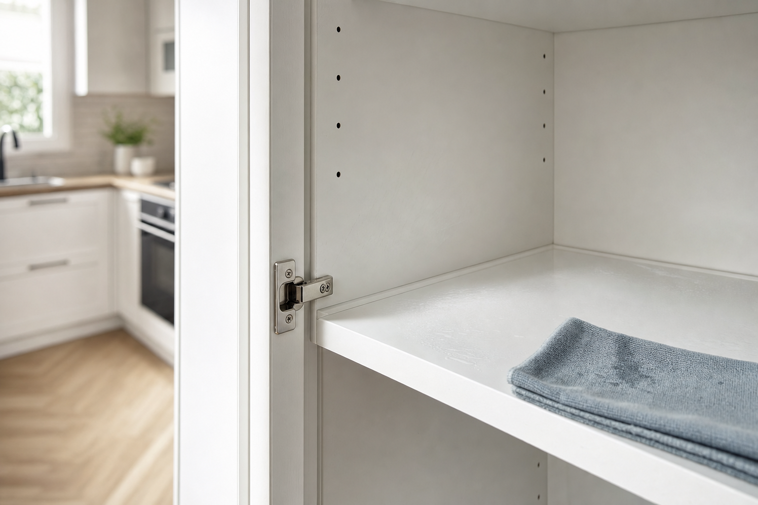 An open kitchen cupboard with a folded blue towel on the shelf and a modern kitchen visible in the background.