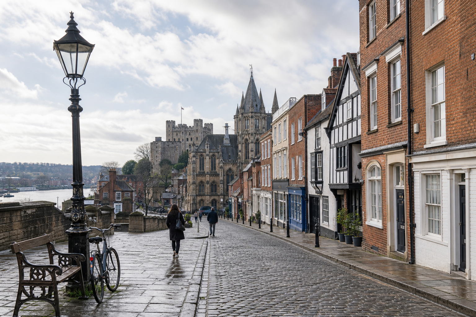 A cobblestone street leads to a historic castle, with a row of colourful buildings and a lamp post in the foreground.