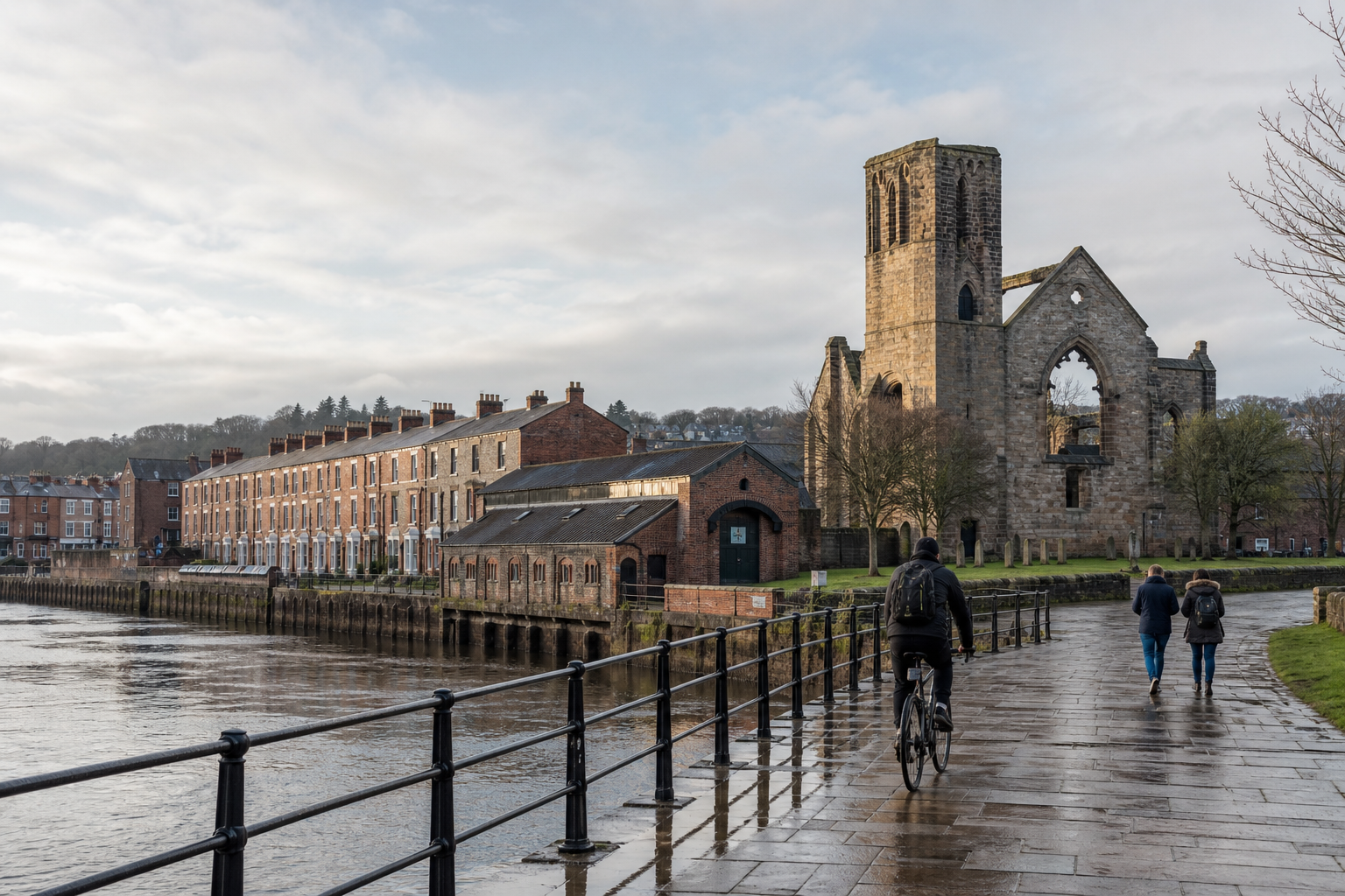 Riverside path with cyclists and pedestrians beside historic stone building and row of brick houses.