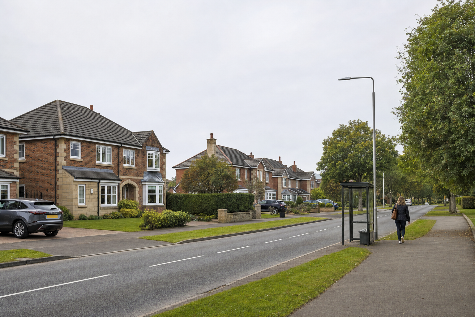 Suburban street with brick houses, a person walking on the pavement, and a bus shelter under overcast skies.