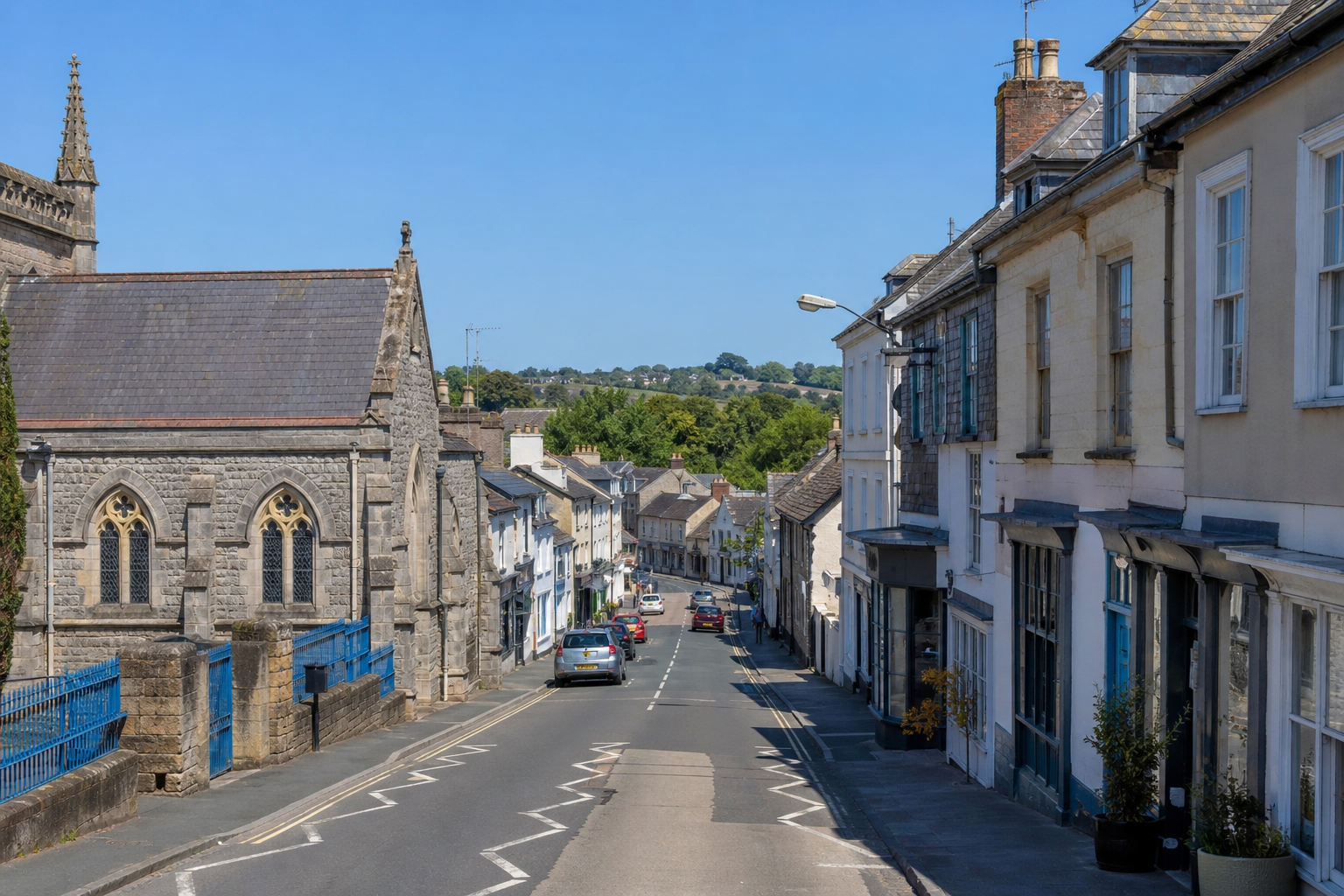 Quaint village street lined with historic buildings and a church on a sunny day.