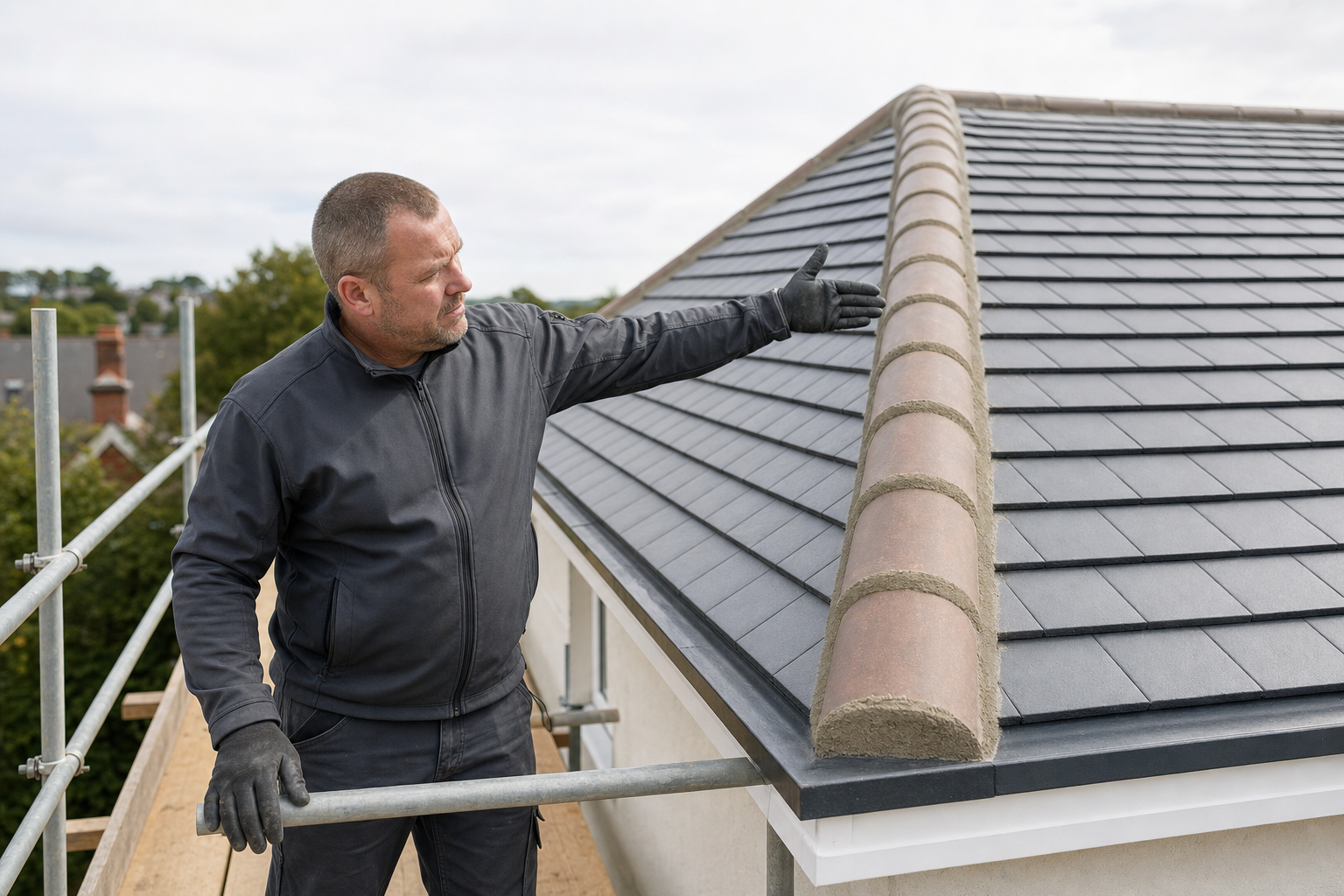 A man in a black jacket examines a tiled roof while standing on scaffolding.