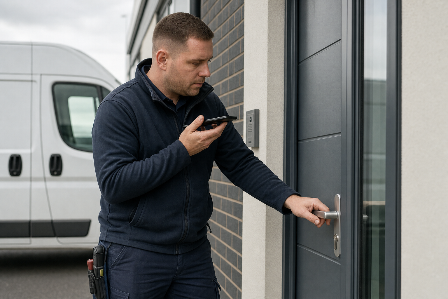A delivery man uses his phone at a modern front door near a white van.