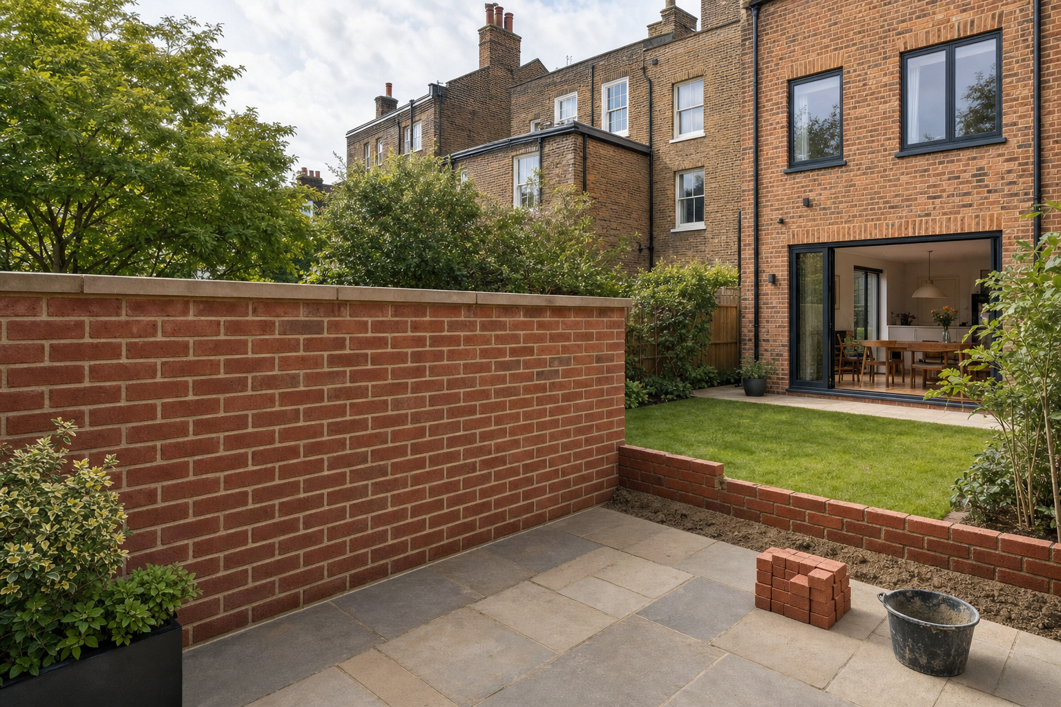 Brick patio and garden with a wall, adjacent to a modern house with open sliding doors.