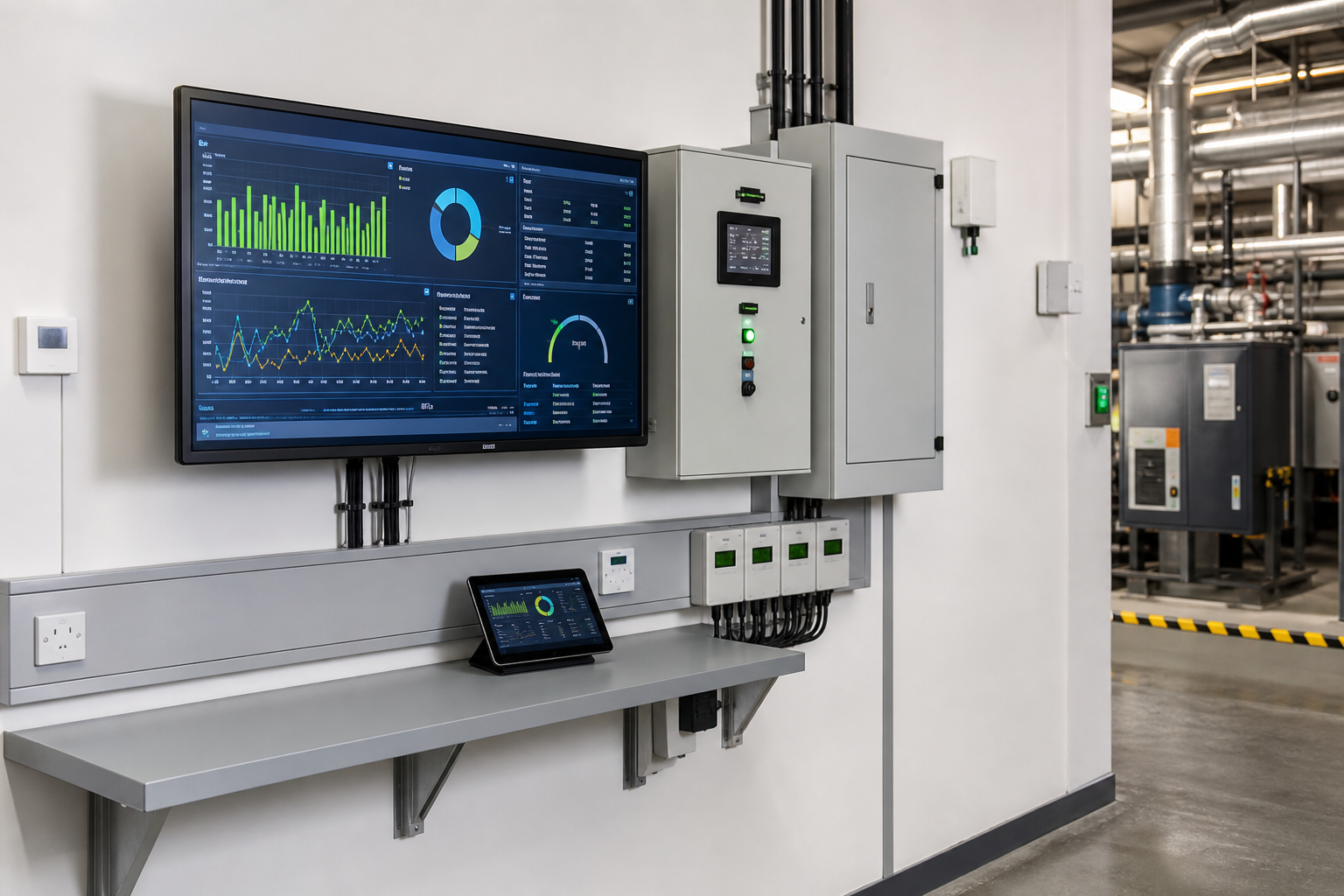 A control room with a large screen displaying data charts and graphs alongside an industrial setup.