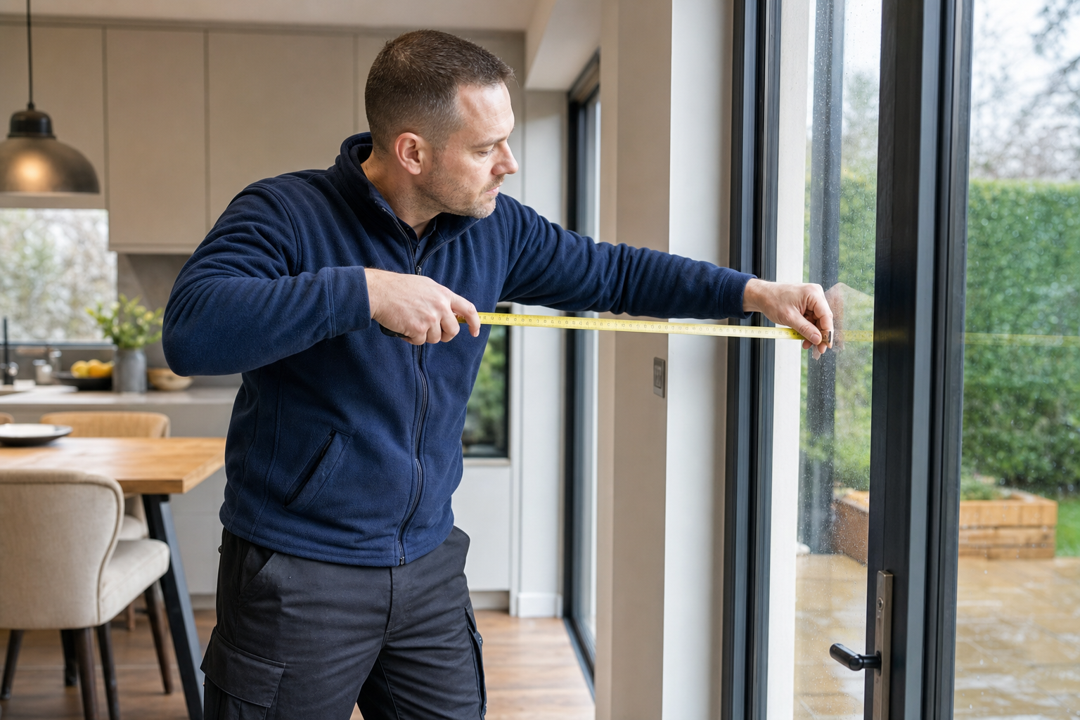 A man in a navy fleece measures a patio door with a tape measure in a modern kitchen with a view of the garden.