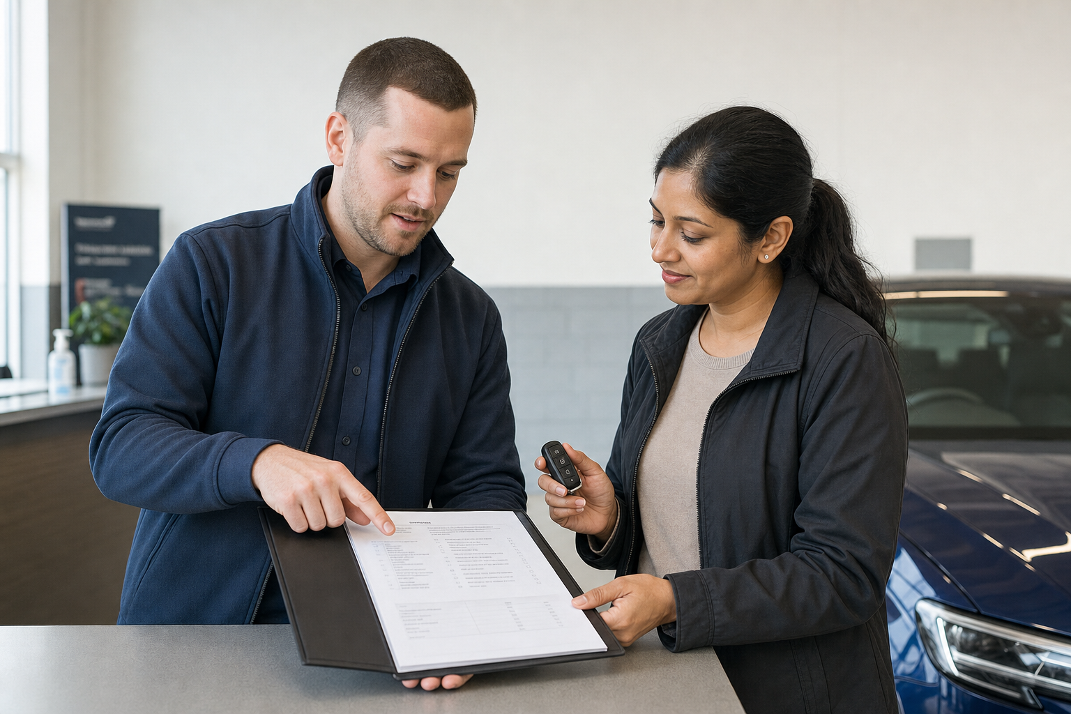 A car salesperson explains details to a customer holding keys in a showroom.