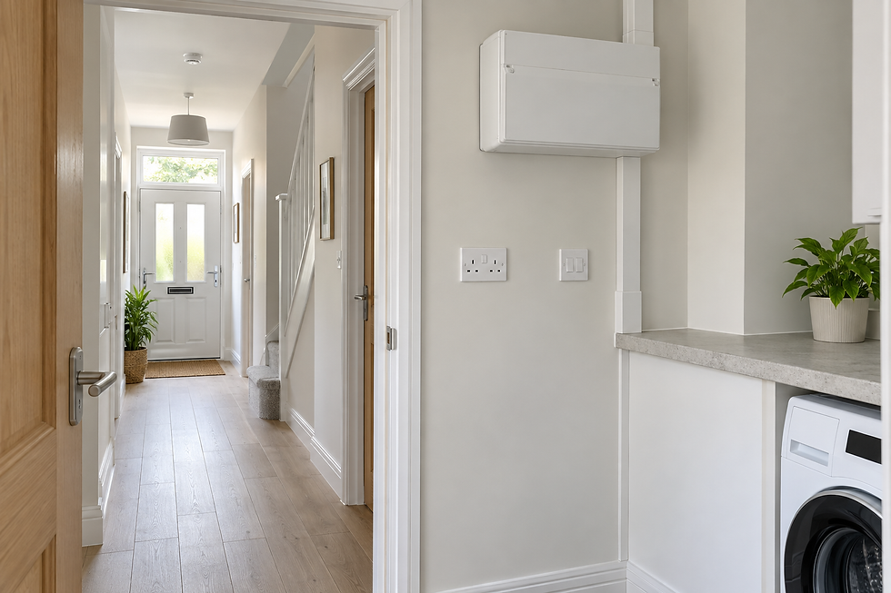 Modern hallway with light wooden flooring, white walls, a potted plant by the door, and a view of the staircase.