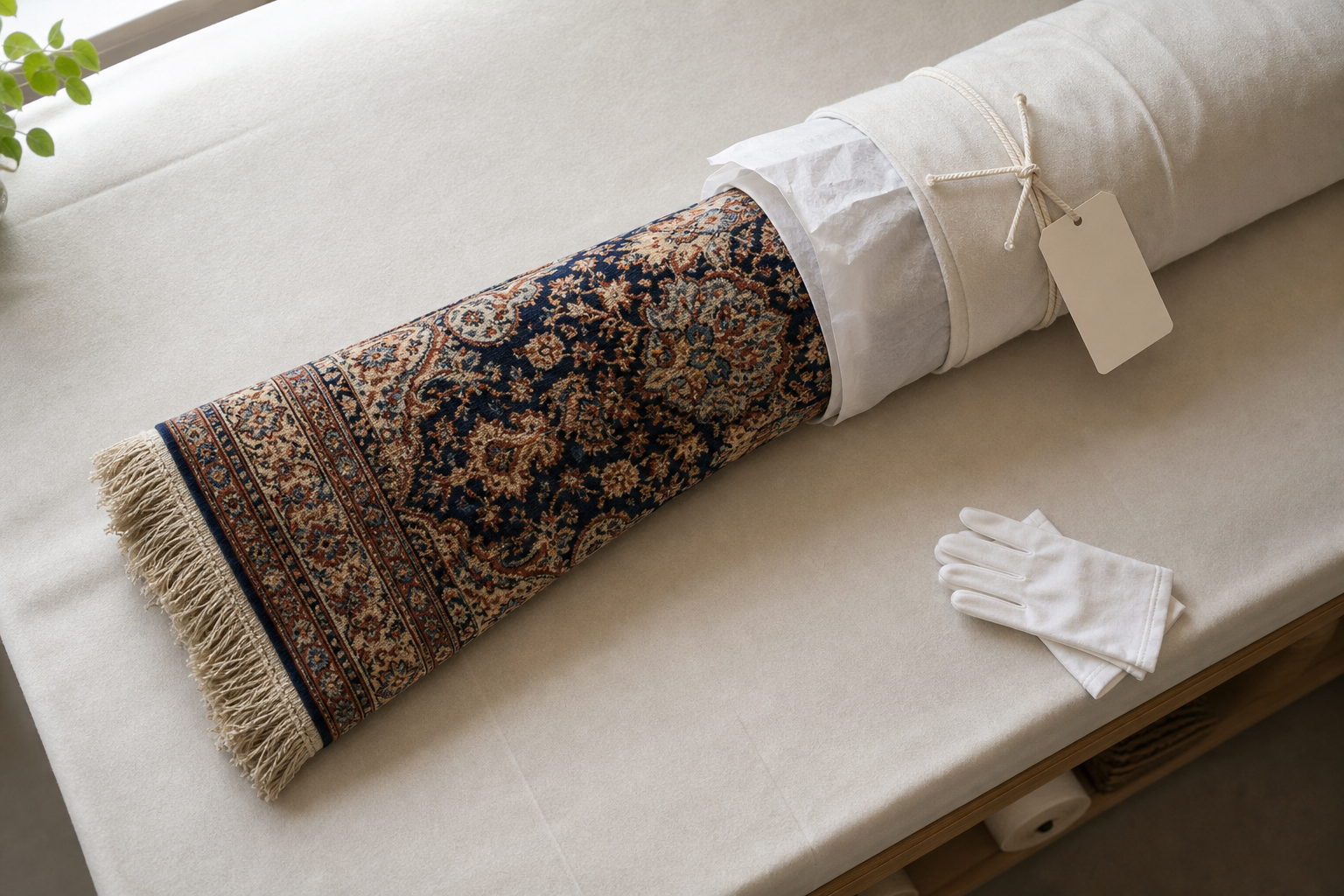A rolled-up Persian carpet partially unwrapped on a table with a pair of white gloves beside it.