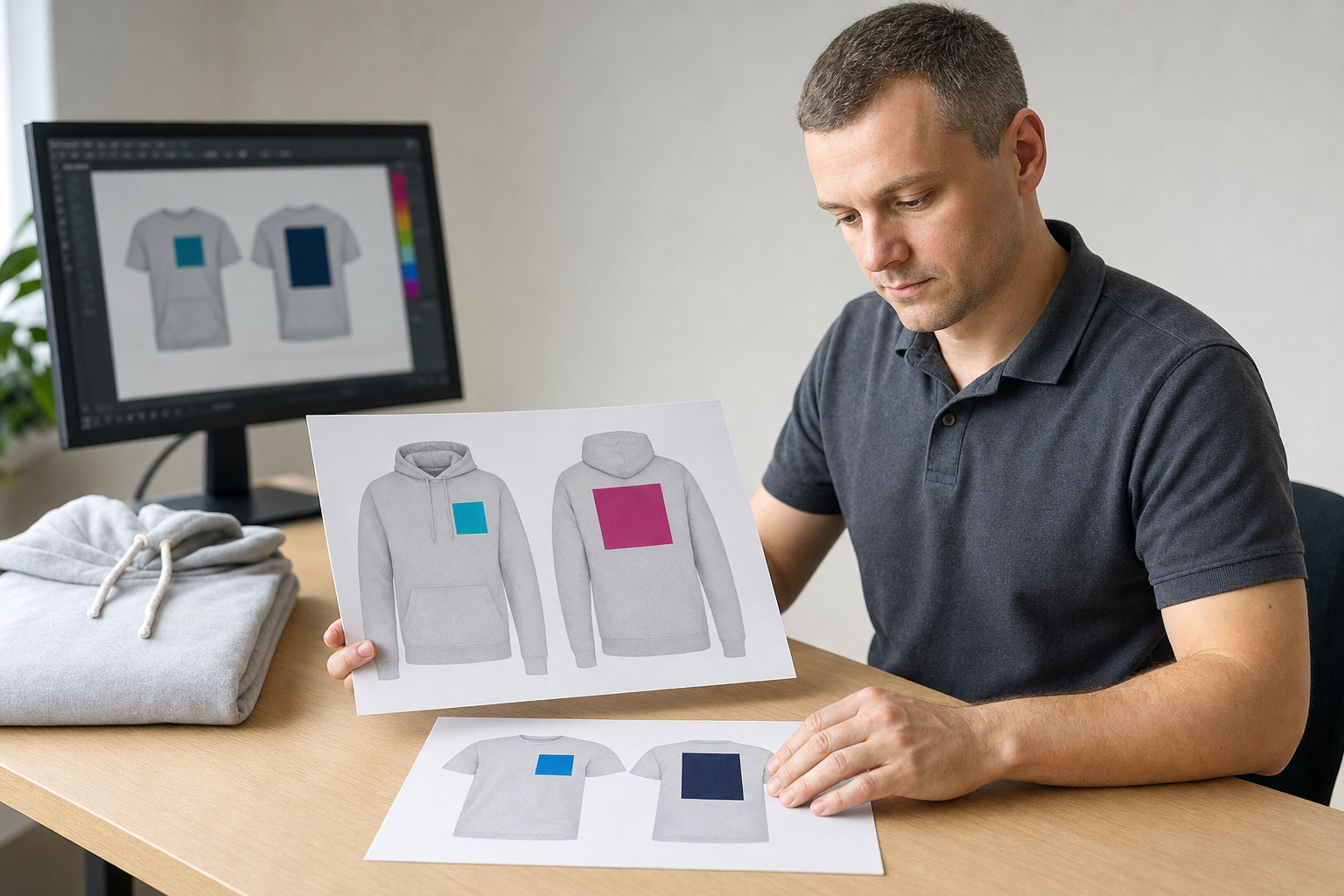 A man reviews printed designs of hoodies and t-shirts at a desk with a computer displaying similar designs.