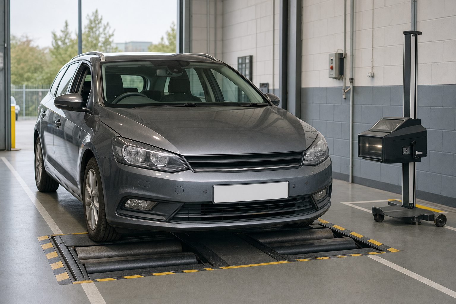 A silver estate car undergoing a headlight alignment test inside a garage.