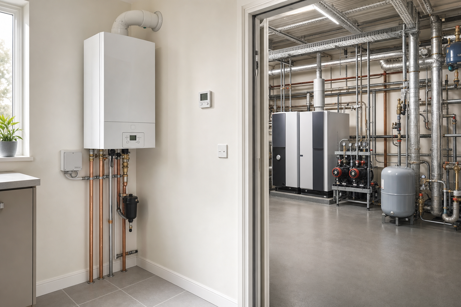 A modern boiler room with a white wall-mounted boiler and industrial piping visible through an open door.