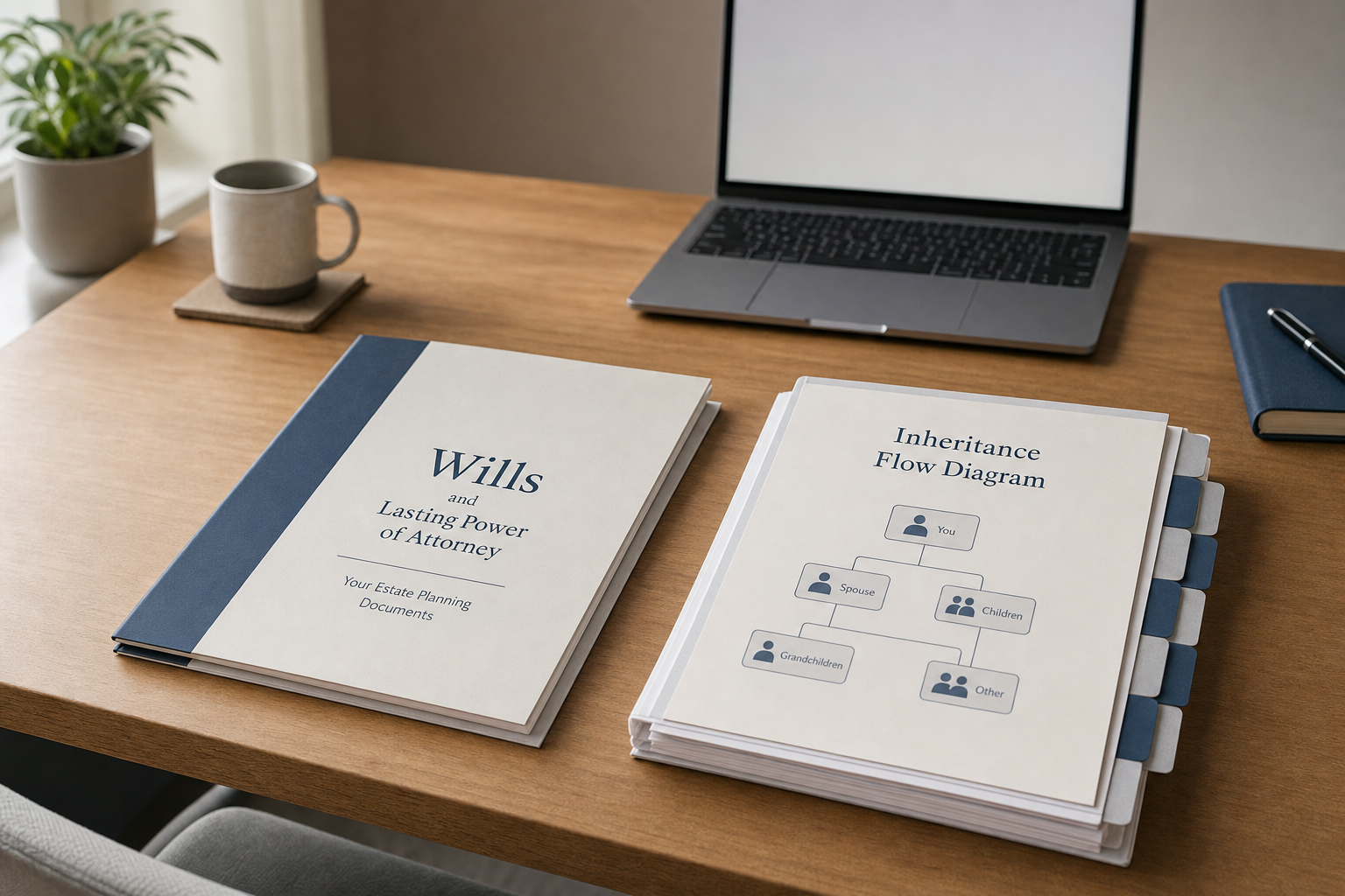 Estate planning documents, including a will and inheritance flow diagram, on a wooden desk alongside a laptop and coffee mug.